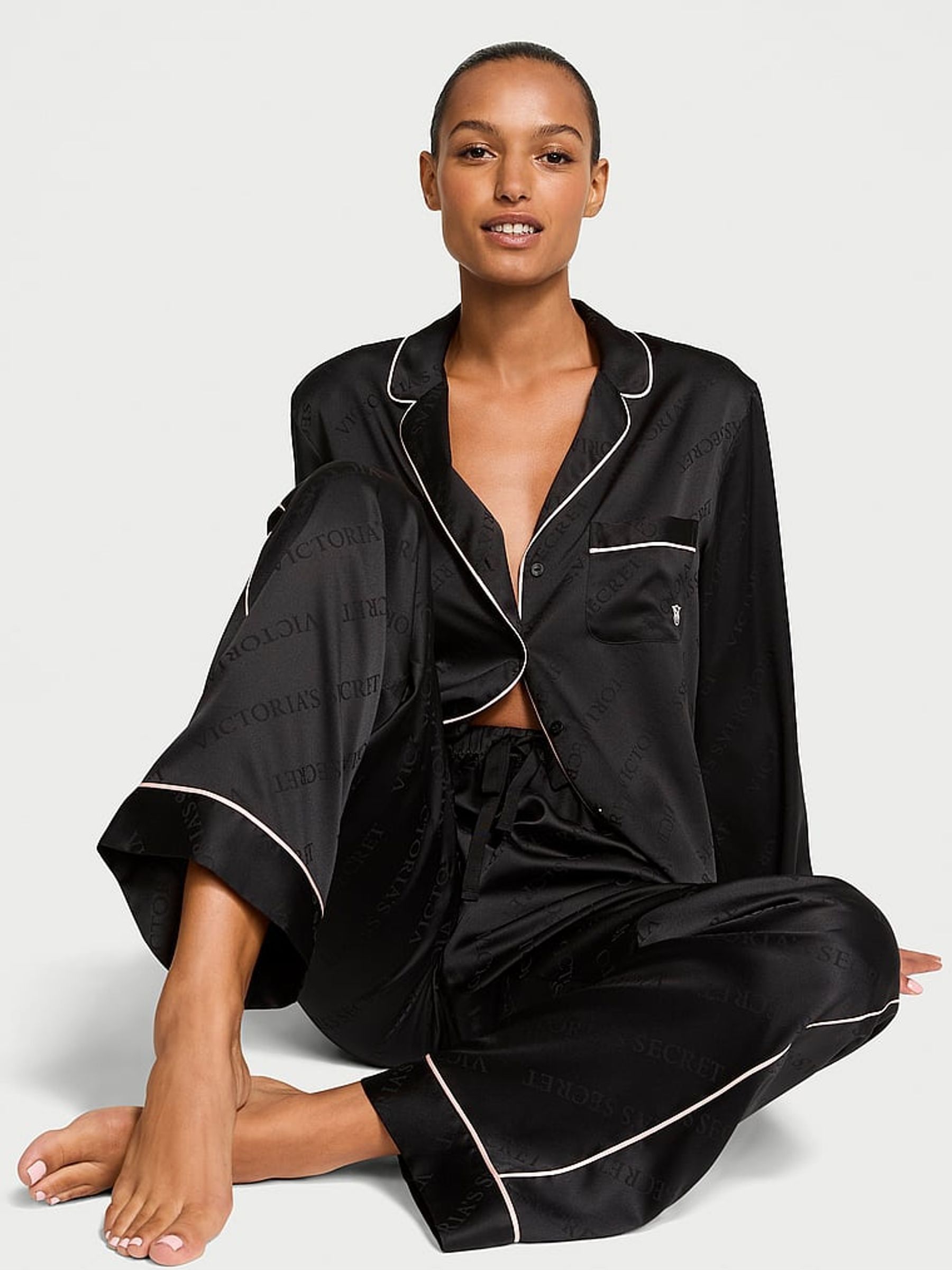 Black Diagonal Logo Satin Long Pyjama Set (AC7552) | £69
