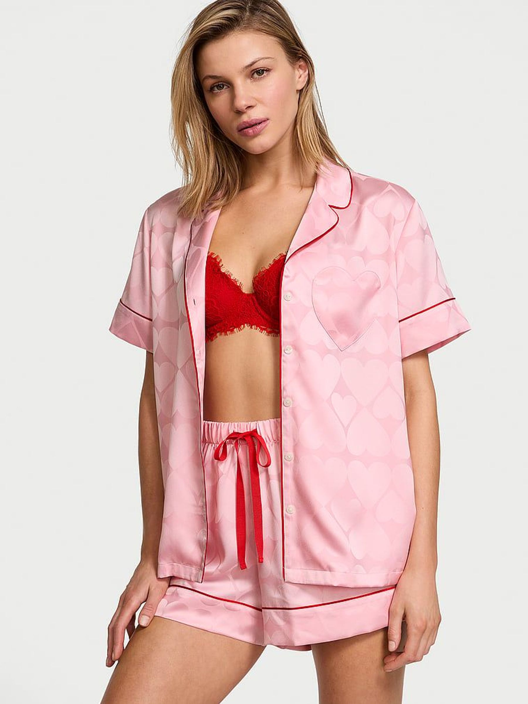 Pretty Blossom Pink Heart Pocket Satin Short Pyjama Set (AC7554) | £65