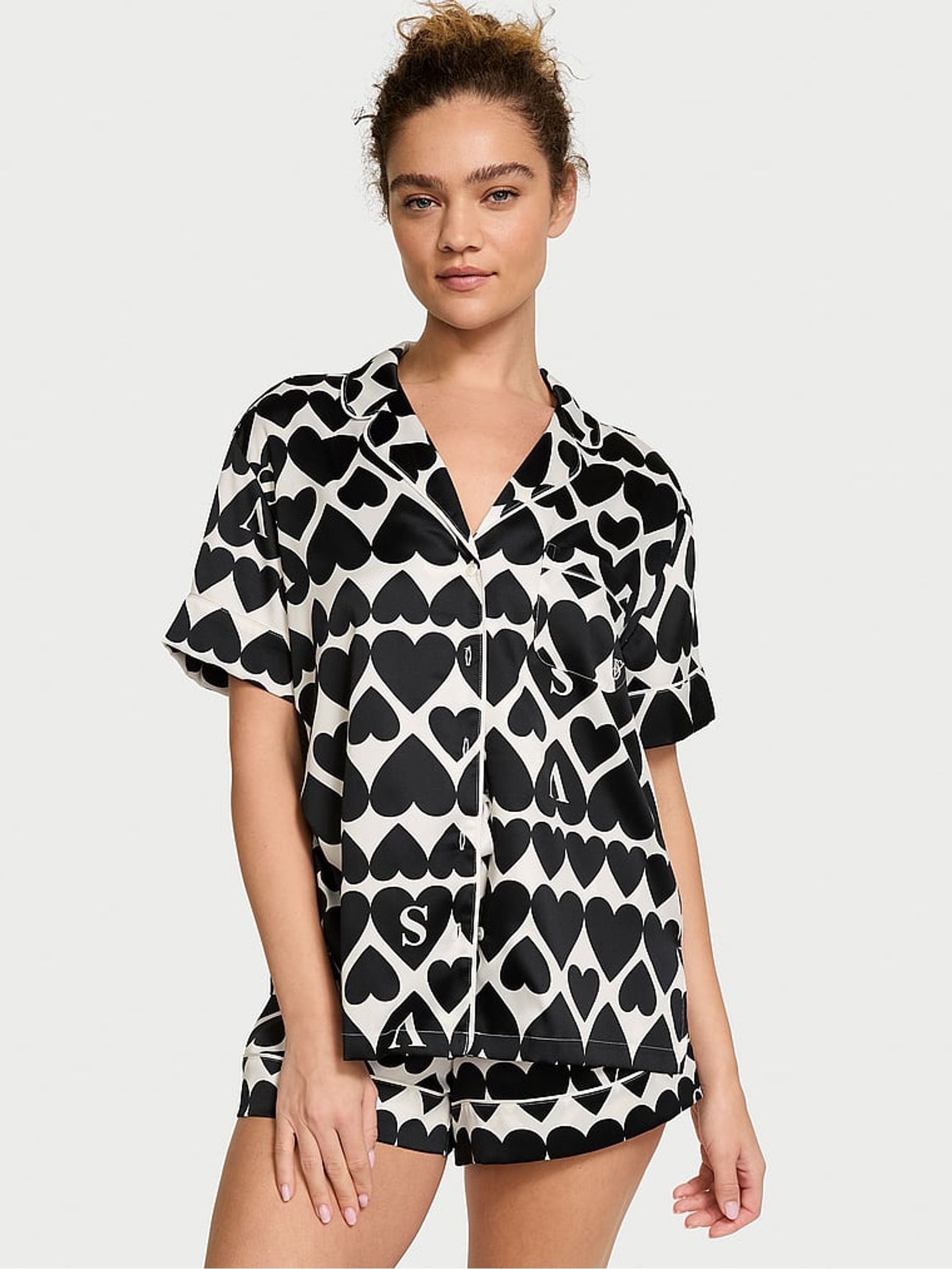 Coconut White & Black Hearts Satin Short Pyjama Set (AC7568) | £65