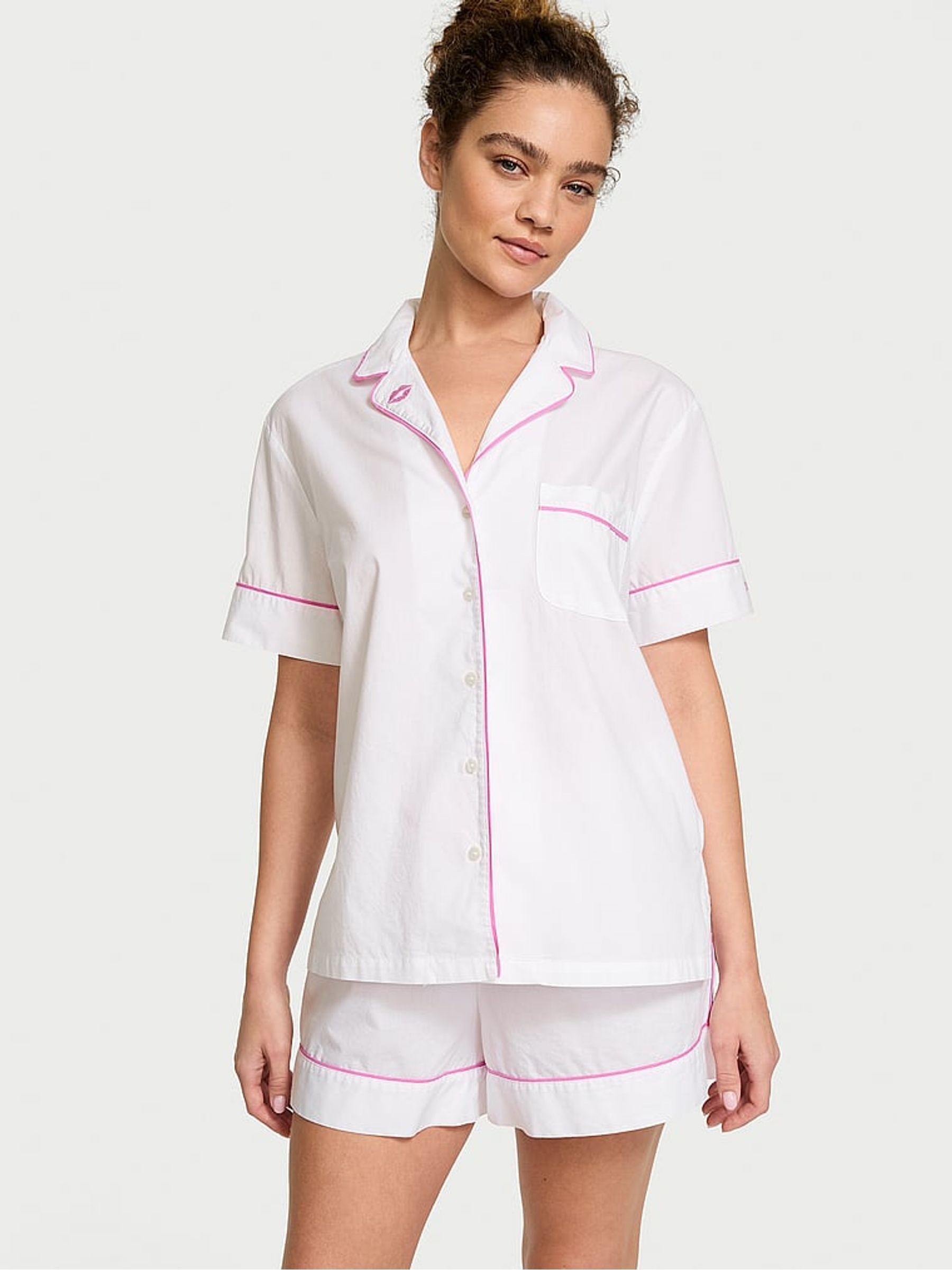 White / New Peony Pink Piping Cotton Short Pyjama Set (AC7570) | £45