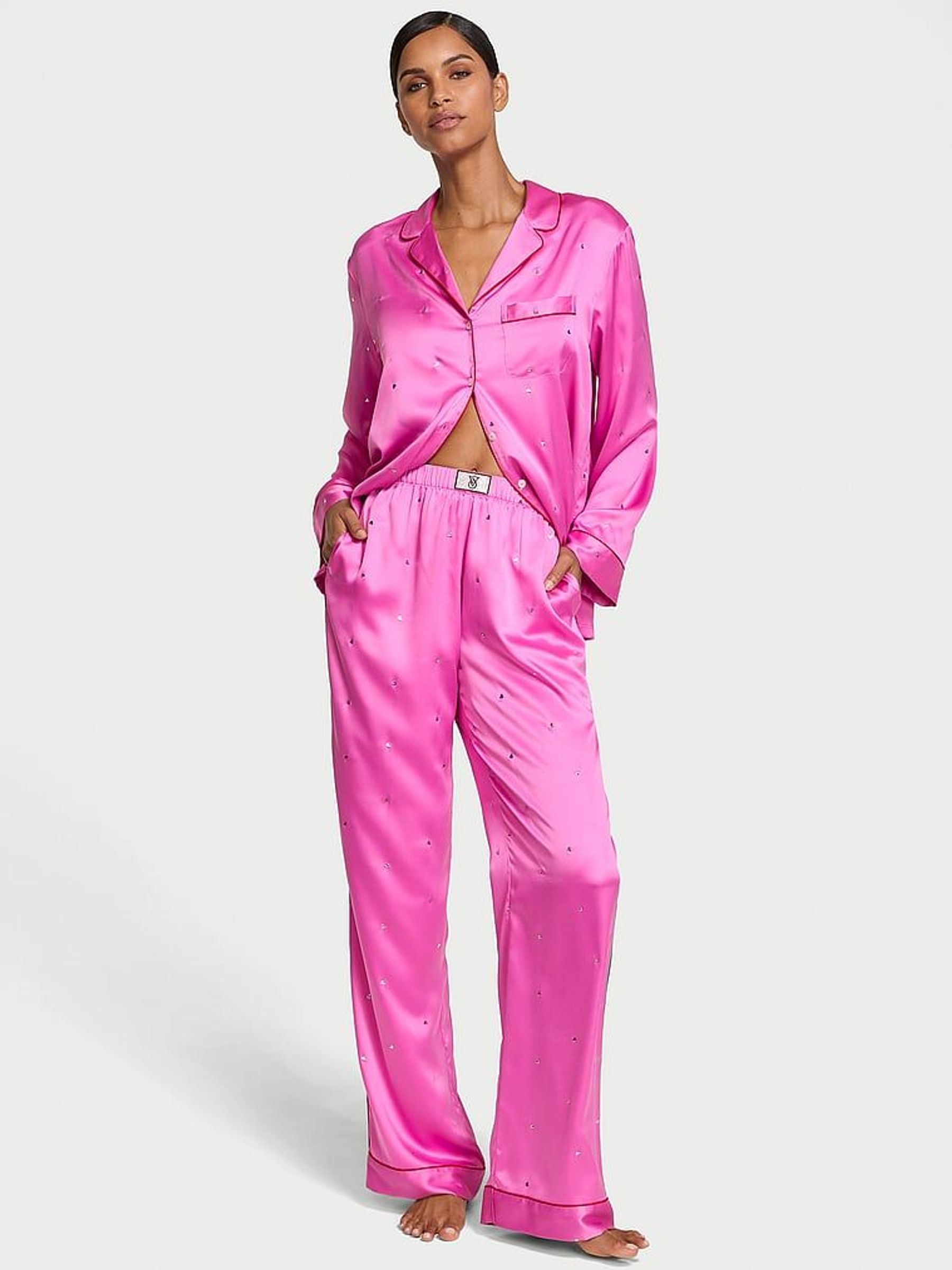 New Peony Pink Hearts Satin Long Pyjama Set (AC9004) | £69