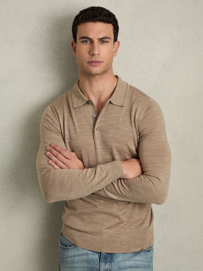 Merino Wool Long Sleeve Polo Shirt in Warm Taupe Melange (AC9338) | £68