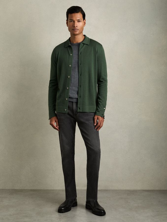 Merino Wool Button-Through Cardigan in Dark Kale Green (AC9354) | £88
