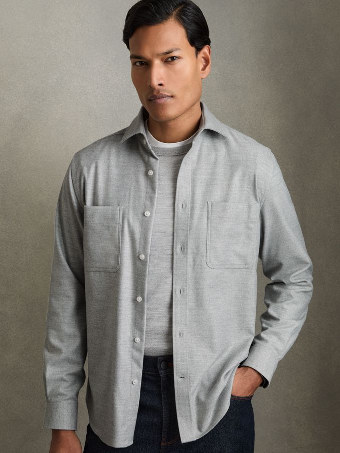 Twin-Pocket Button-Through Overshirt in Soft Grey Melange (AC9361) | £118