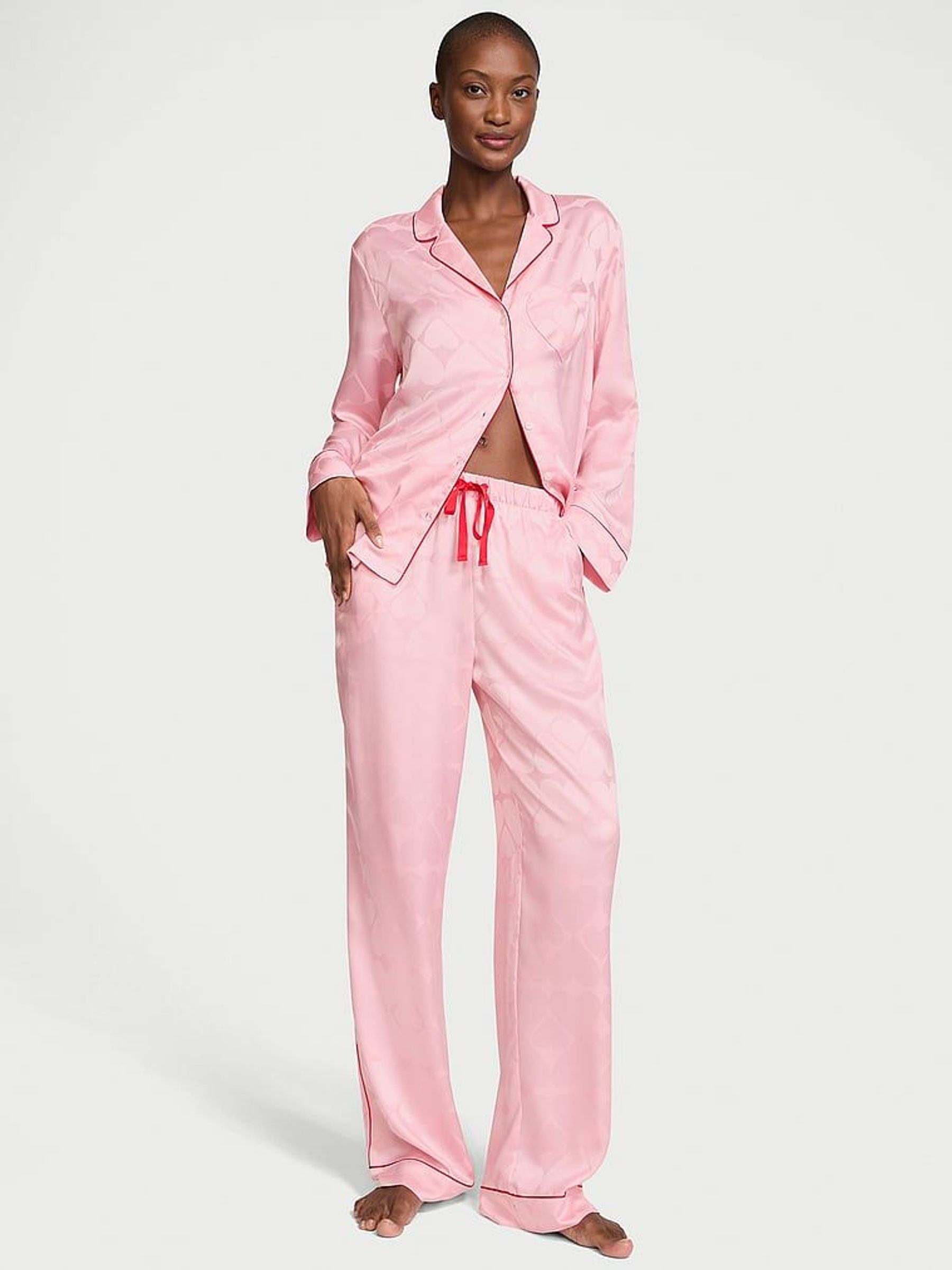 Pretty Blossom Pink Heart Satin Long Pyjama Set (AD2258) | £69