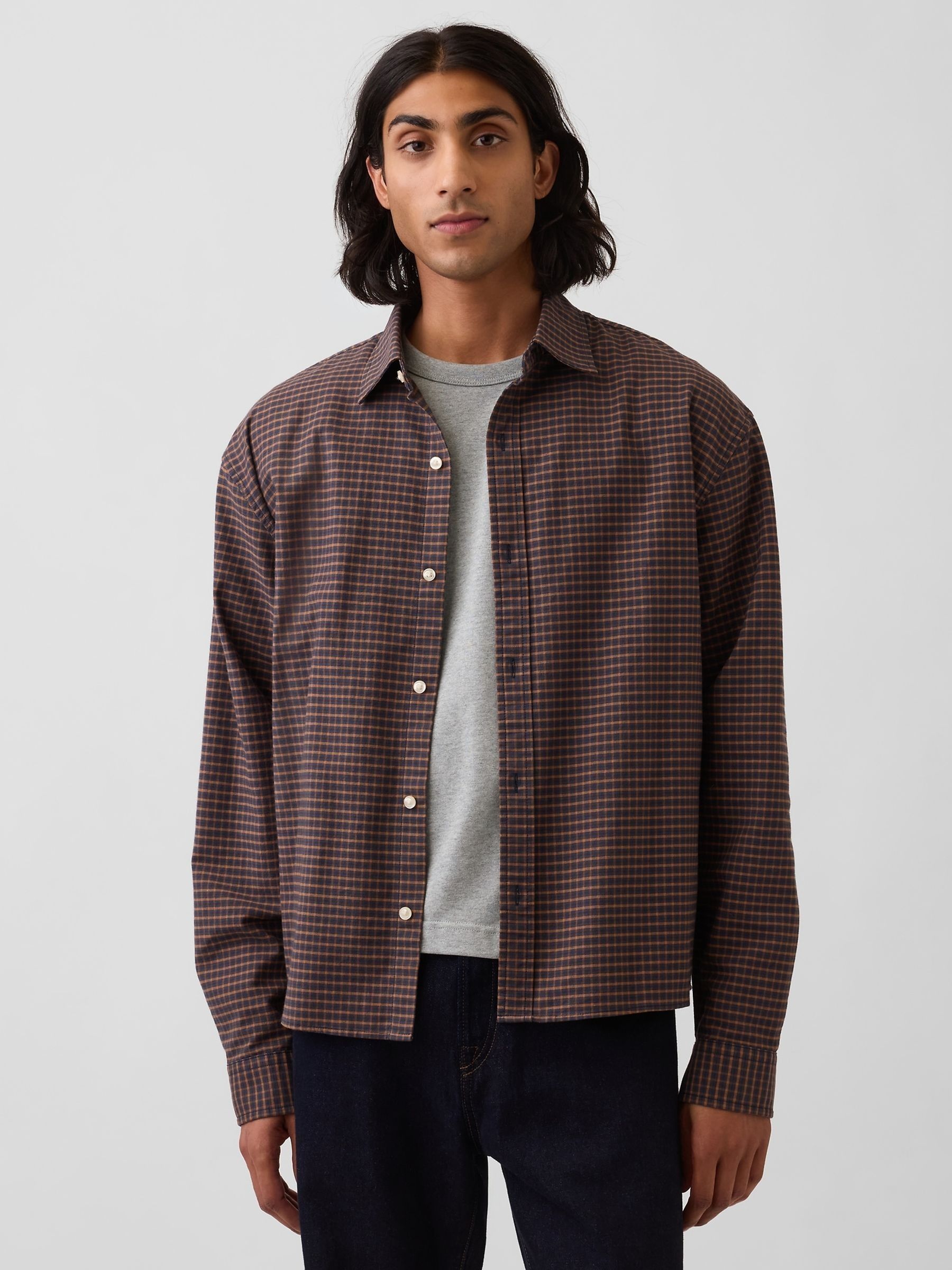 Brown Check - Regular Relaxed Crop Straight-hem Oxford Shirt