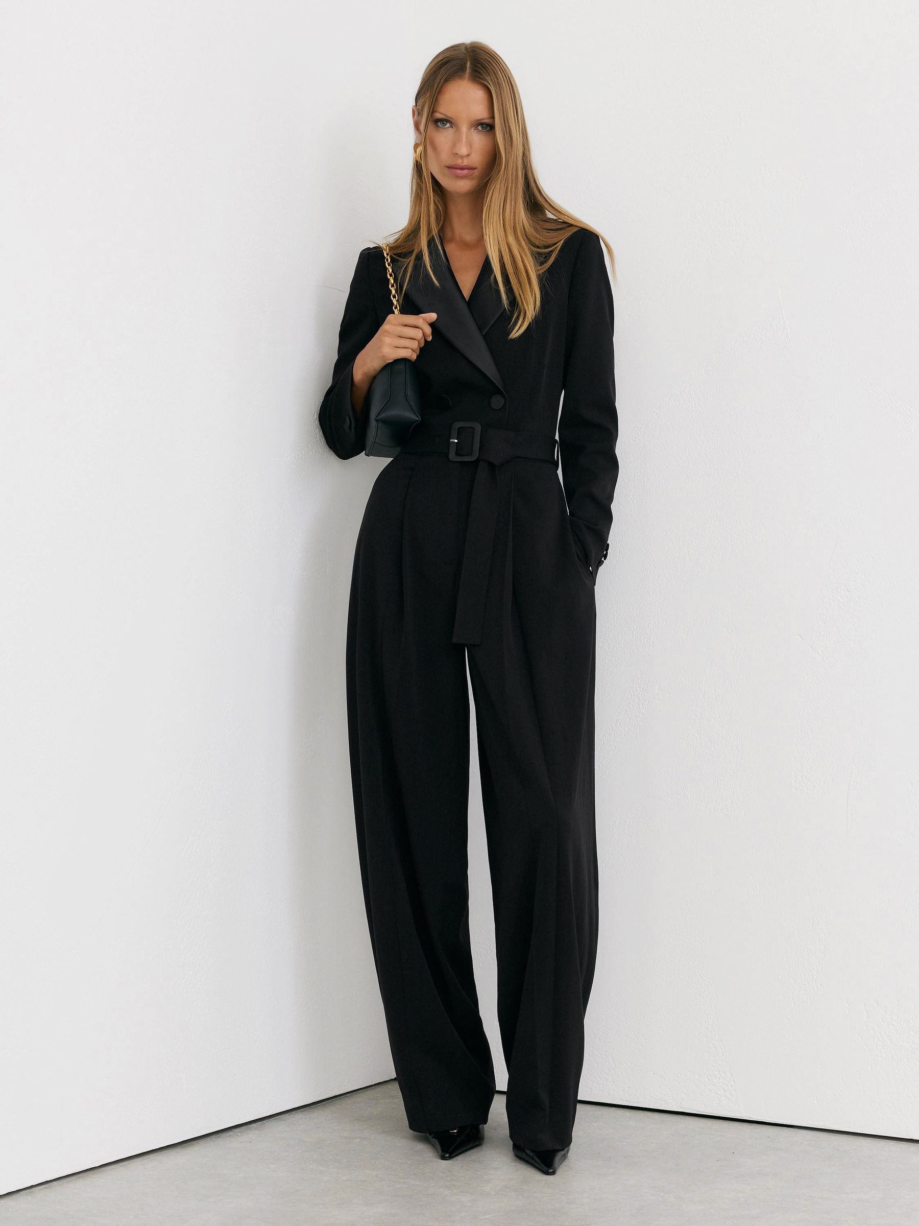 Black - Tuxedo Wide-leg Belted Jumpsuit