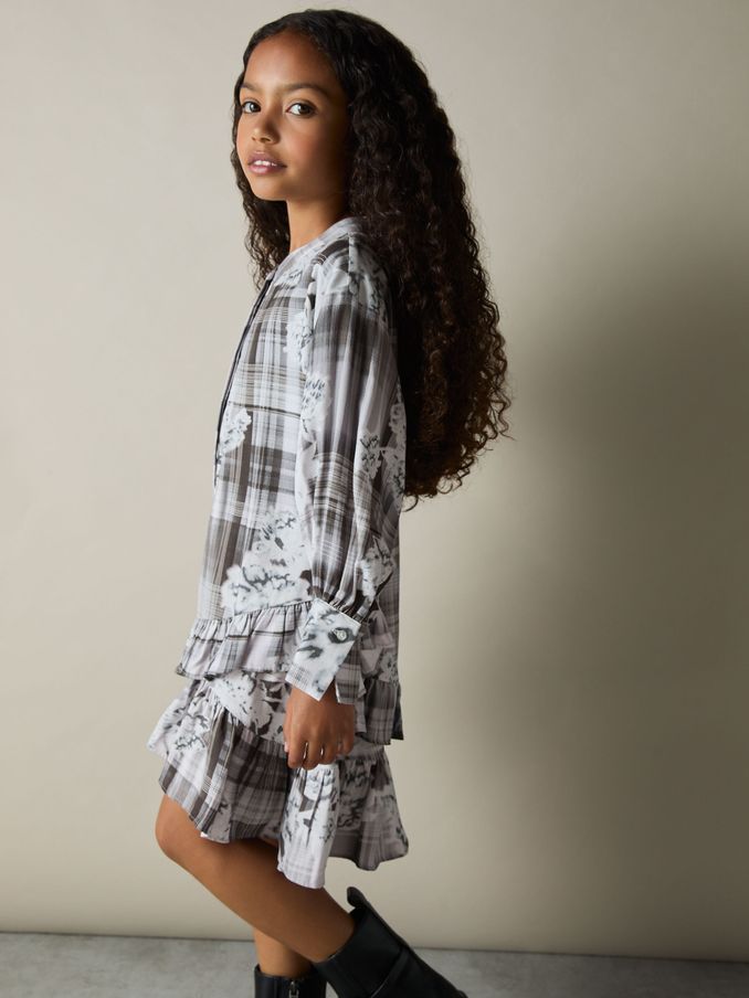 9-13 yrs Floral-Check Tiered-Frill Dress in Grey (AD6393) | £35