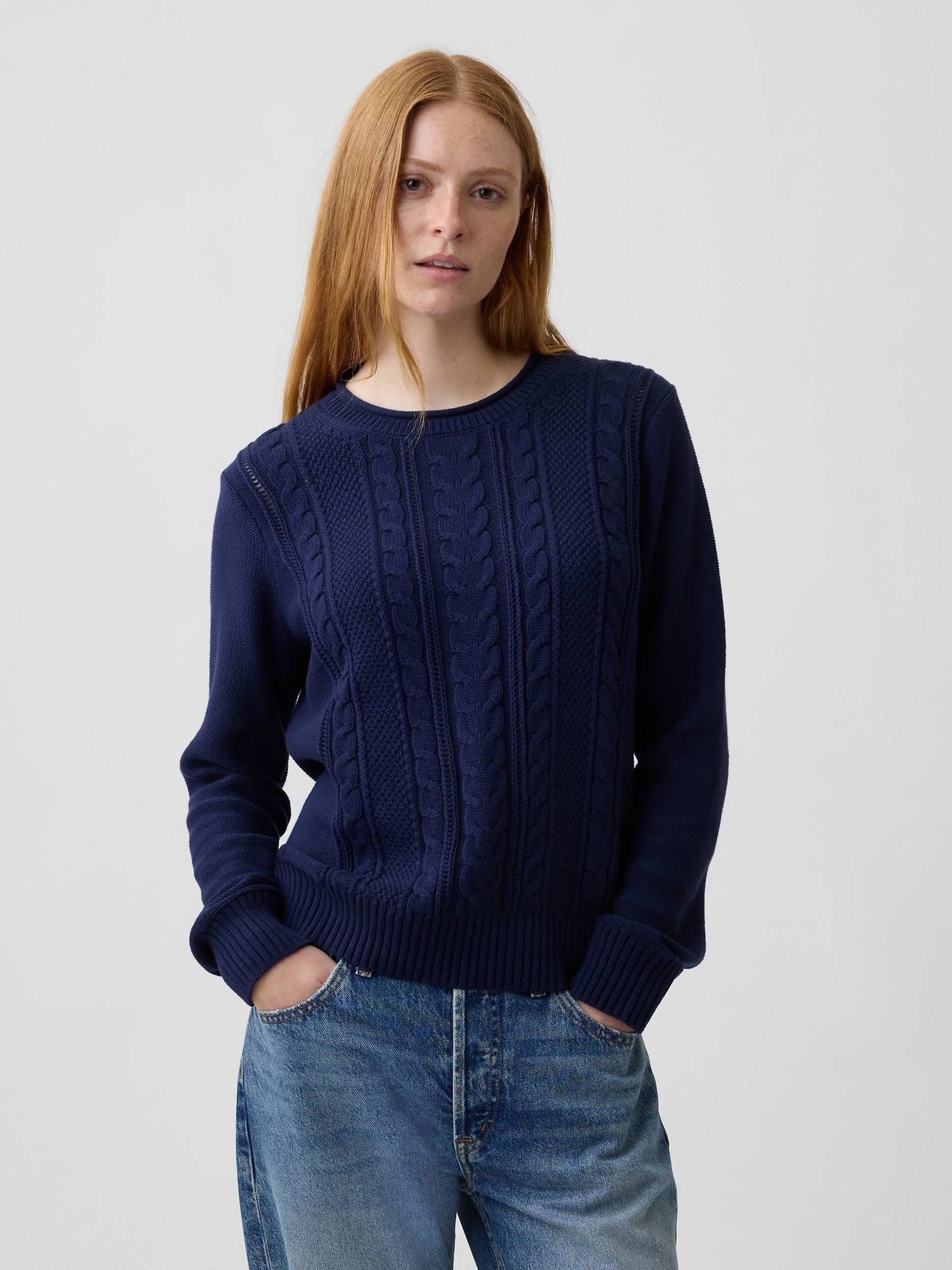 Blue - Rolled Neck Cable-knit Jumper