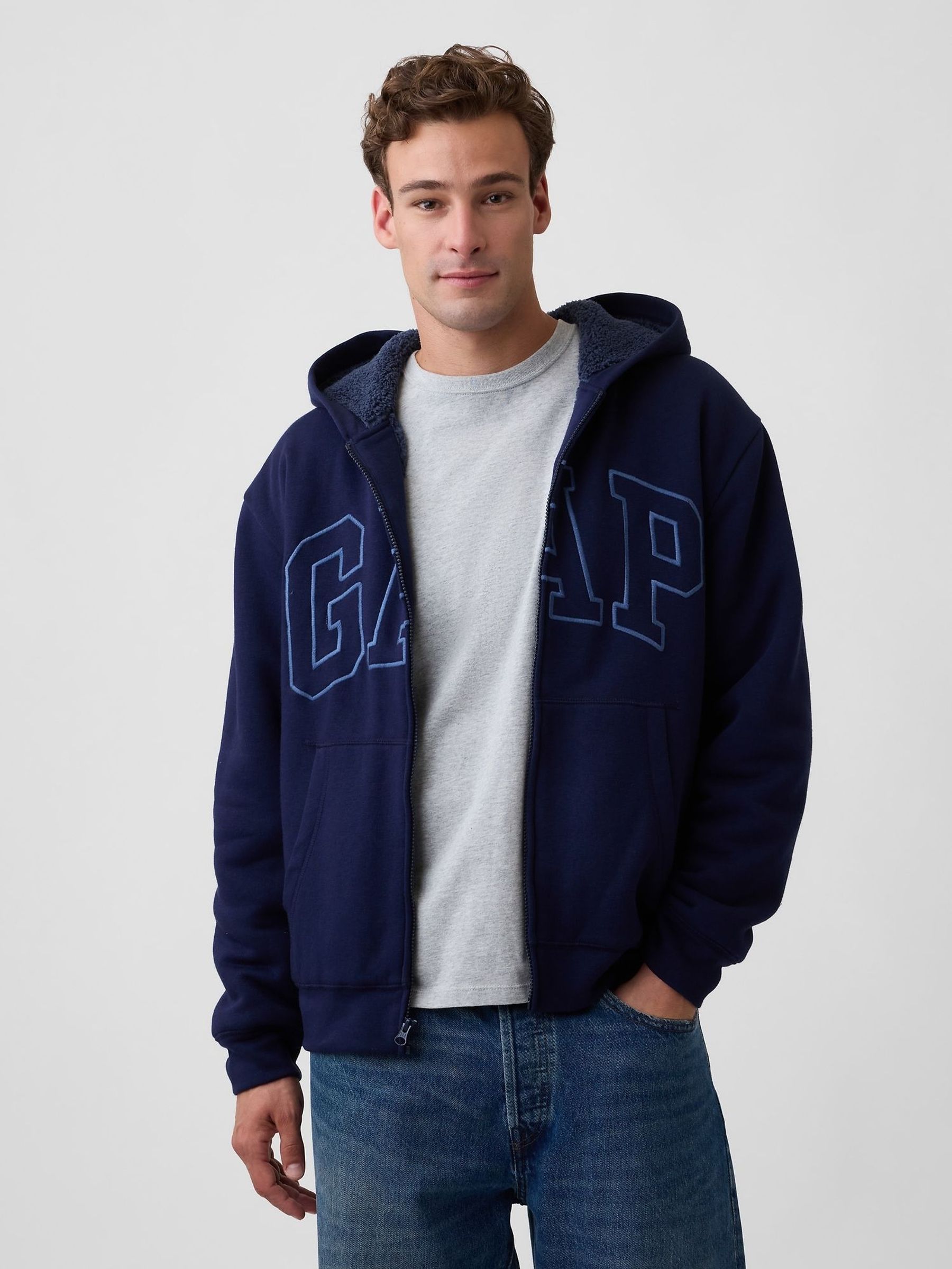 Navy - Regular Relaxed Logo Sherpa-lined Zip-up Hoodie