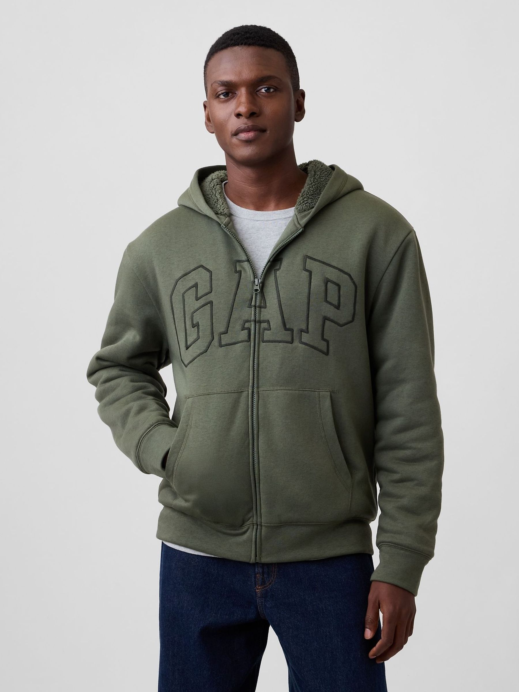 Khaki Green - Regular Relaxed Logo Sherpa-lined Zip-up Hoodie