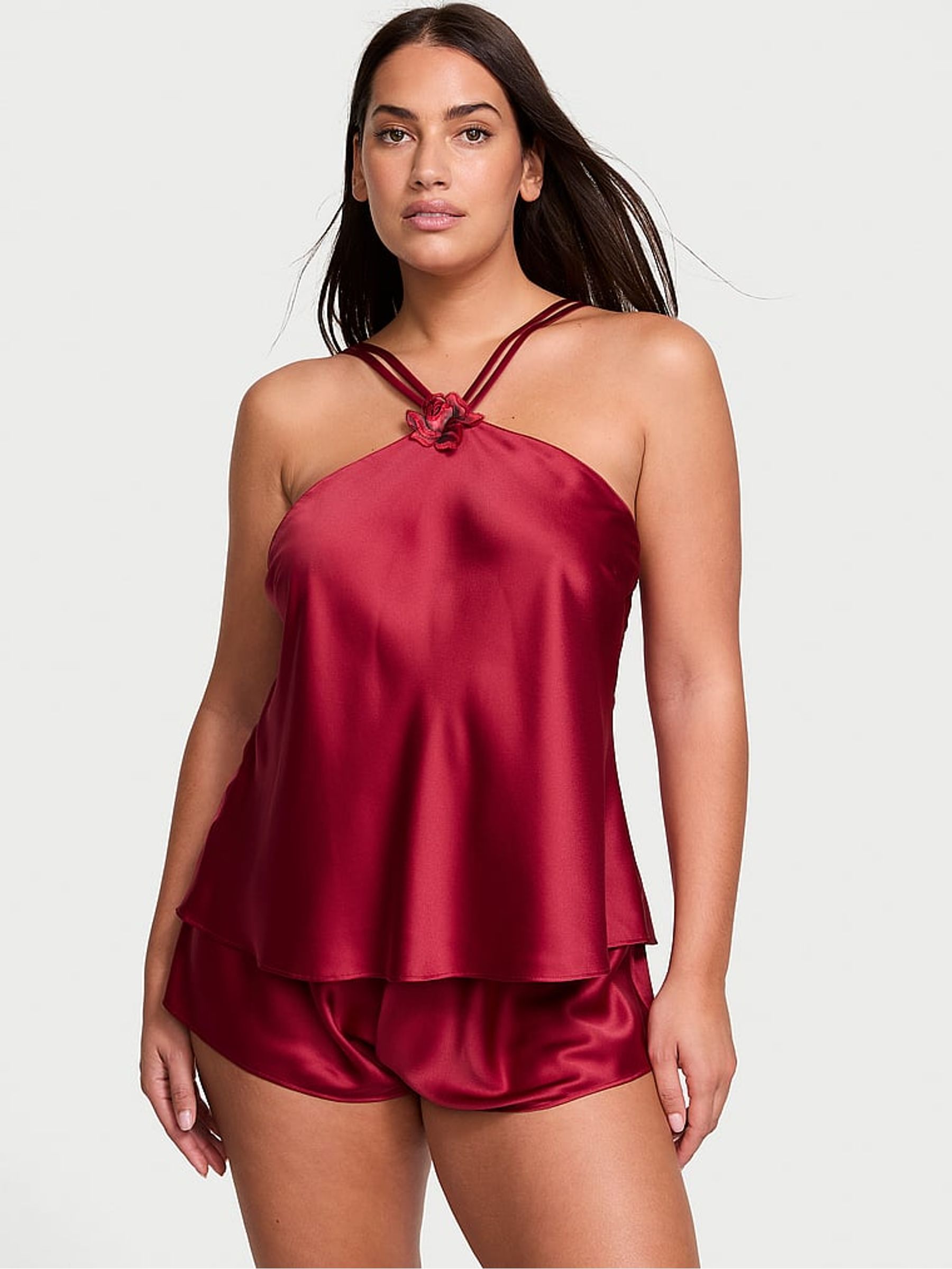 Red Lacquer Roses Satin Halter Cami Set (AD8632) | £69