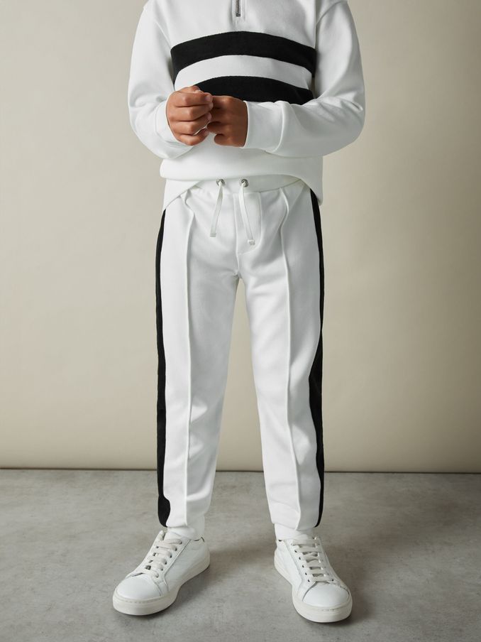3-9 yrs Interlock Velour-Stripe Joggers in White/Emerald Green (AD9436) | £15