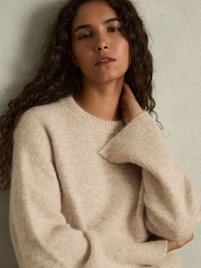 Brushed Crew-Neck Jumper With Alpaca Wool in Neutral (AD9461) | £47