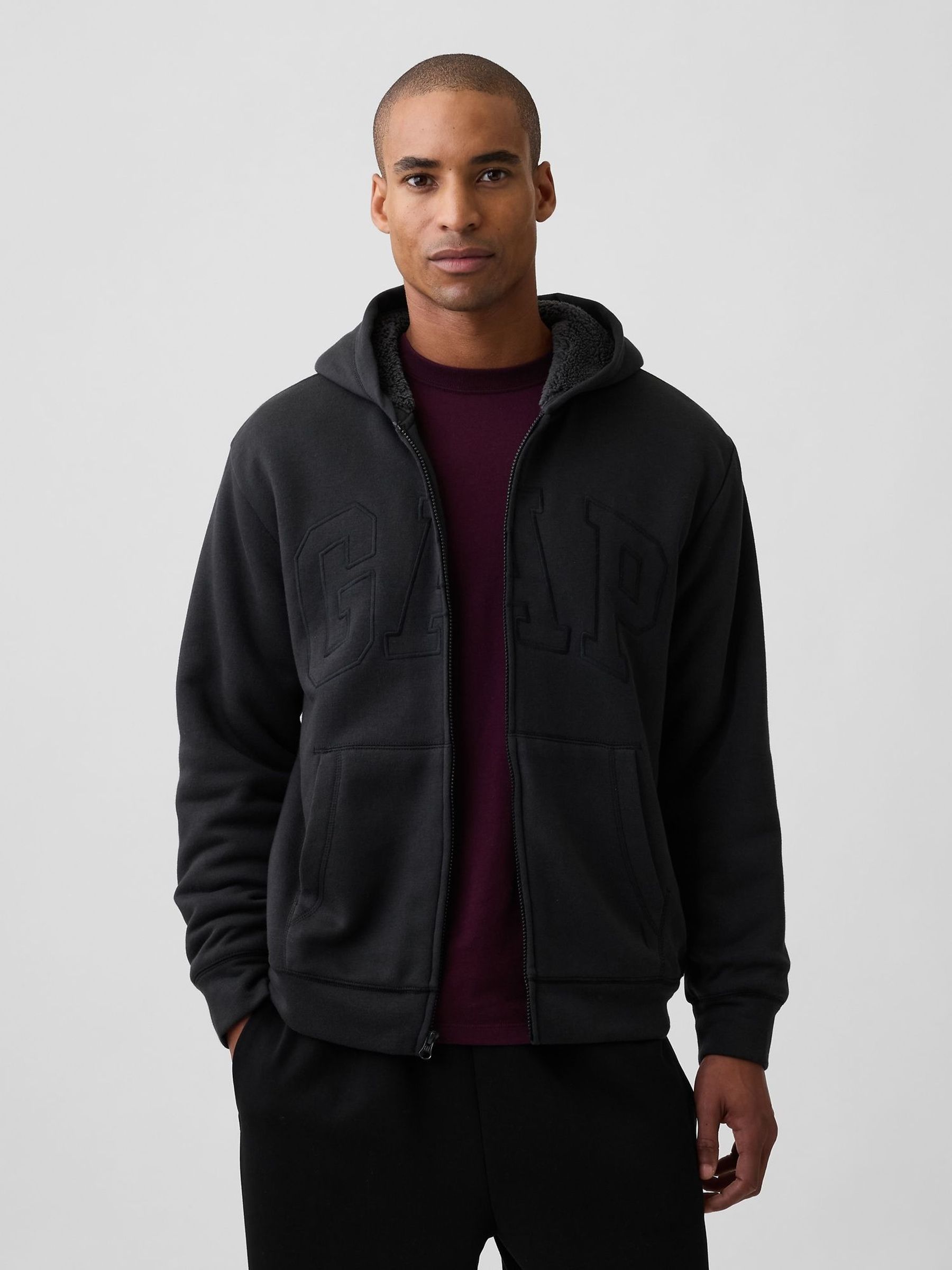 Black - Regular Relaxed Logo Sherpa-lined Zip-up Hoodie