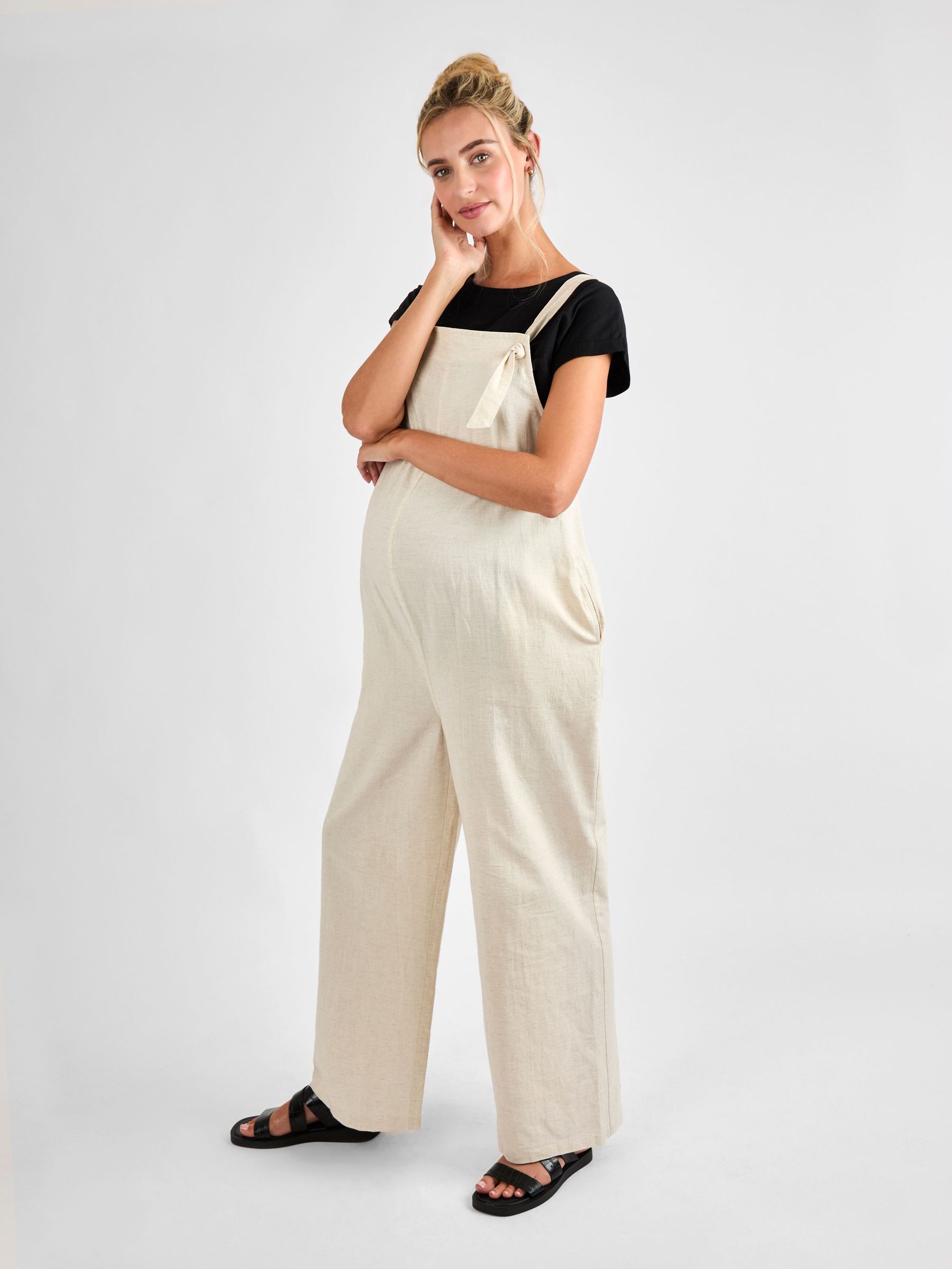 Stone Maternity Wide Leg Linen Blend Dungaree (AD9956) | £46