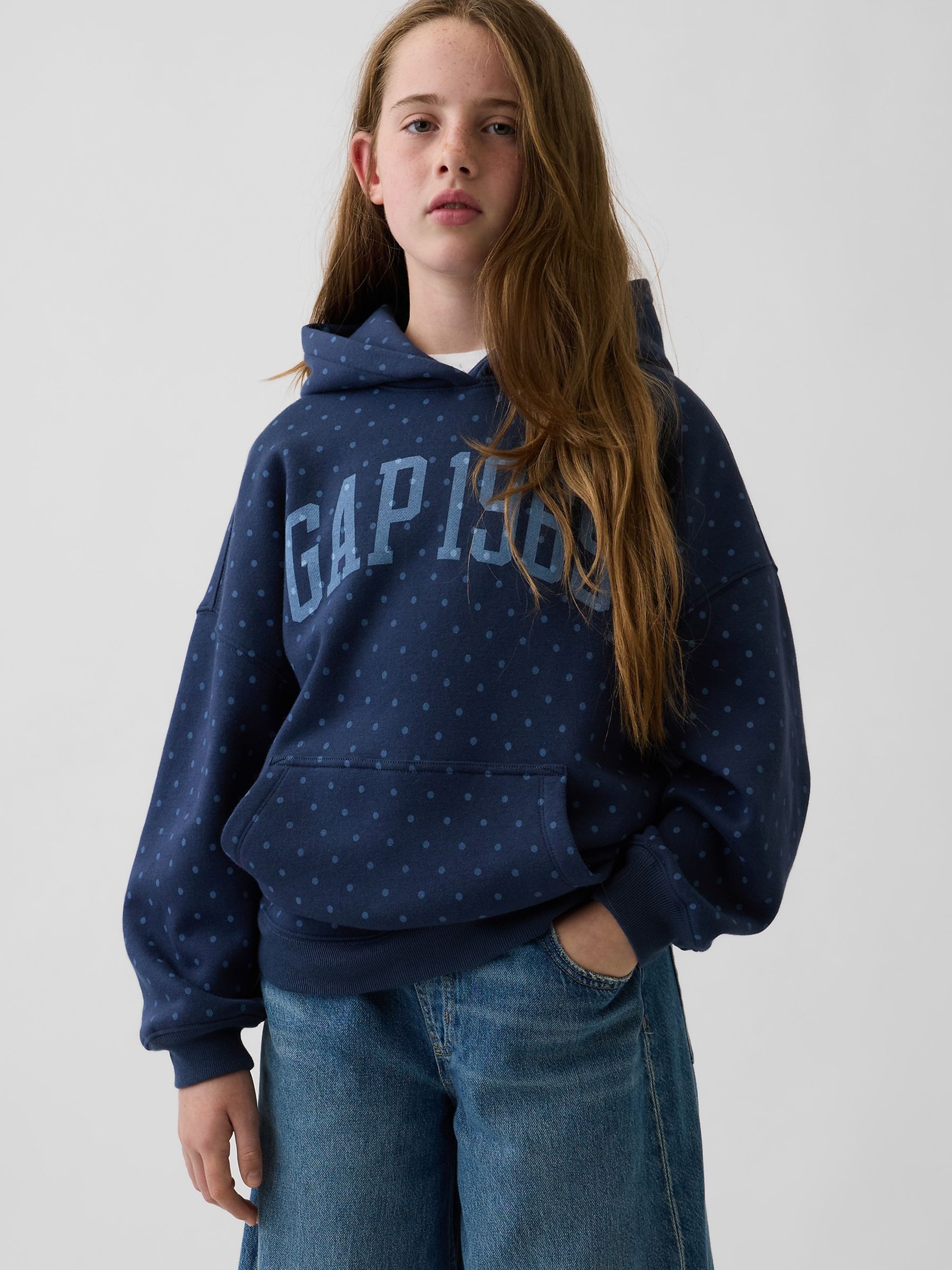 Navy Polka Dot - Vintagesoft Oversized Logo Hoodie