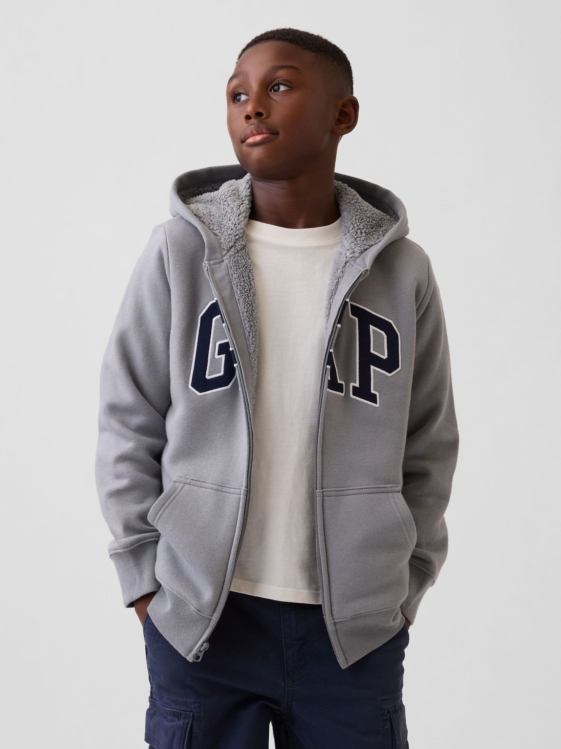 Grey - Sherpa-lined Zip-up Hoodie