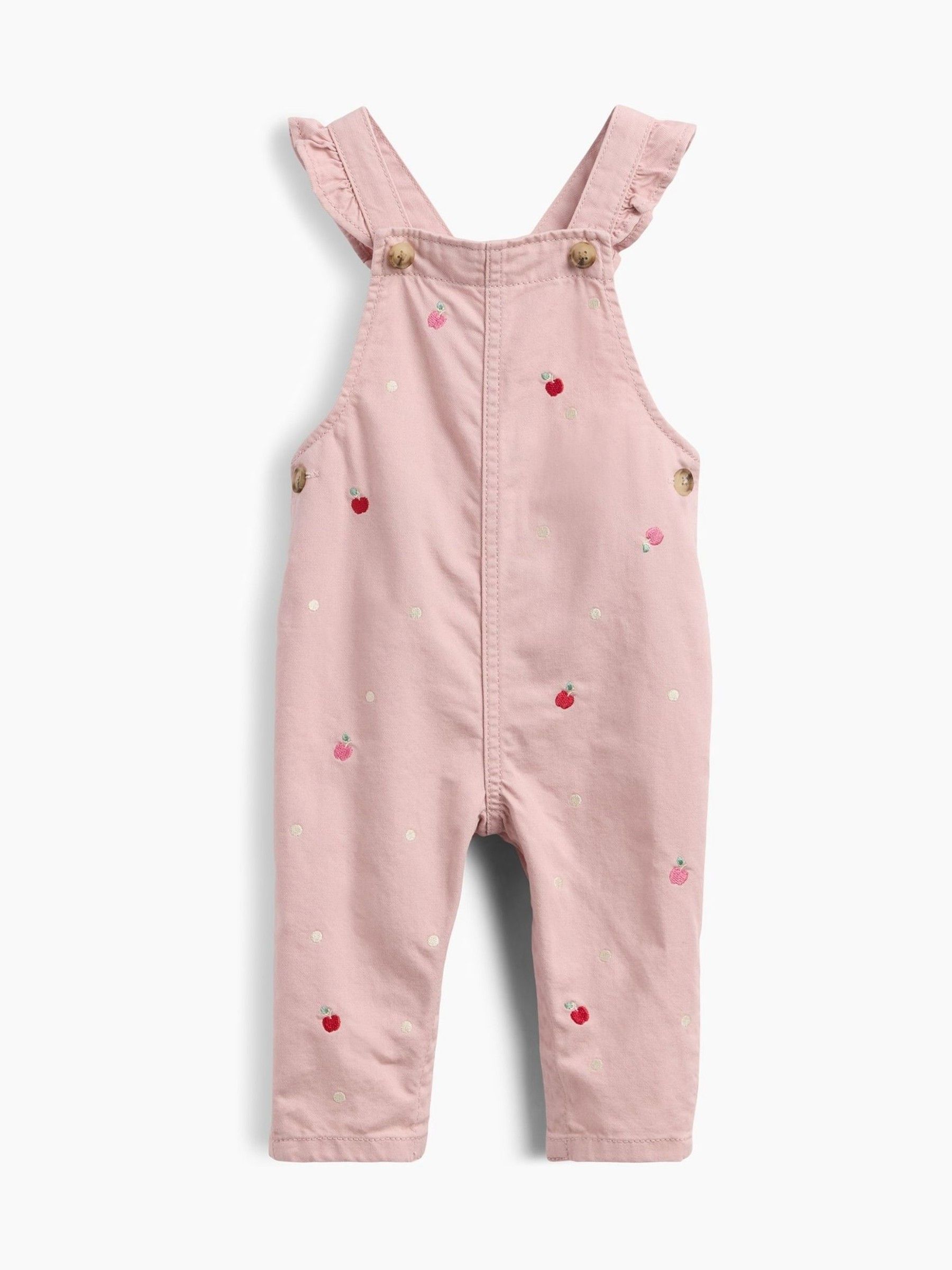 Pink - Embroidered Apple Ruffle Dunagrees