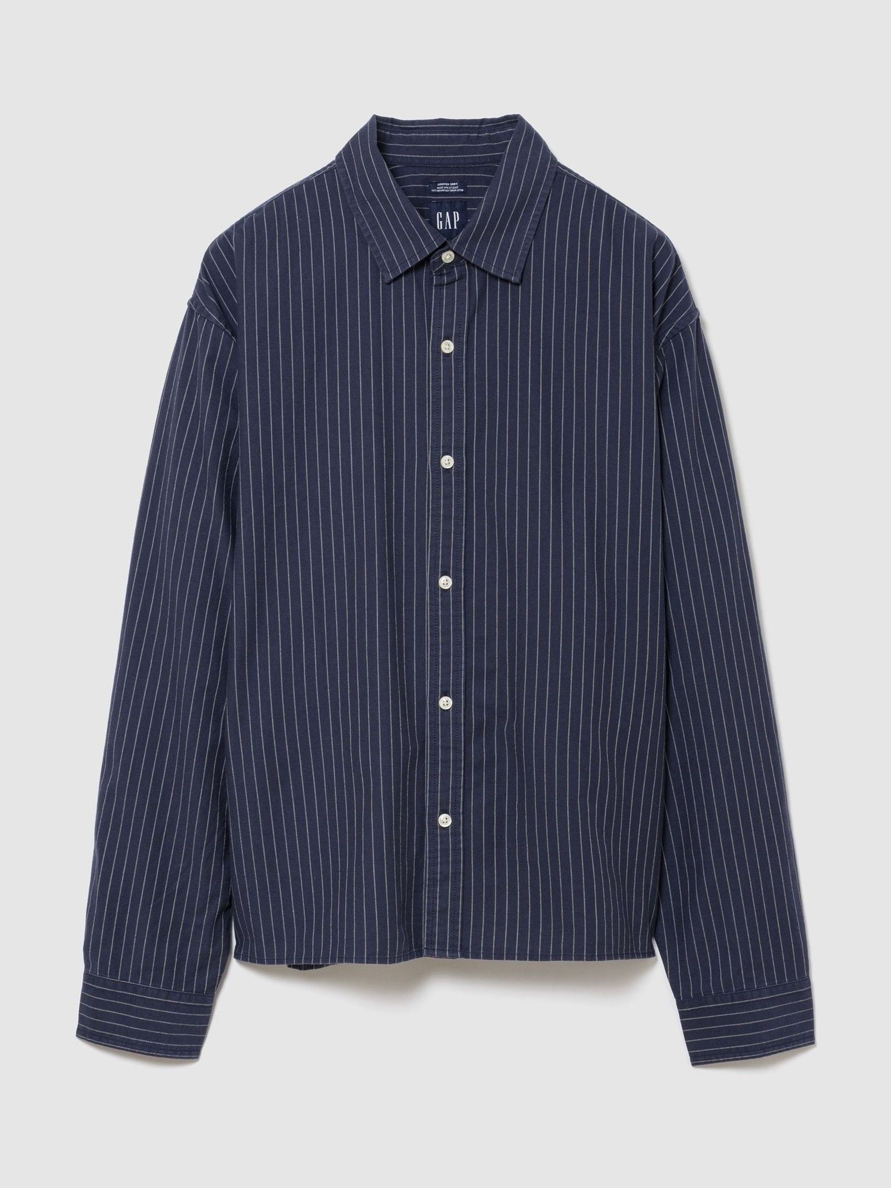 Navy Stripe - Regular Relaxed Crop Straight-hem Oxford Shirt