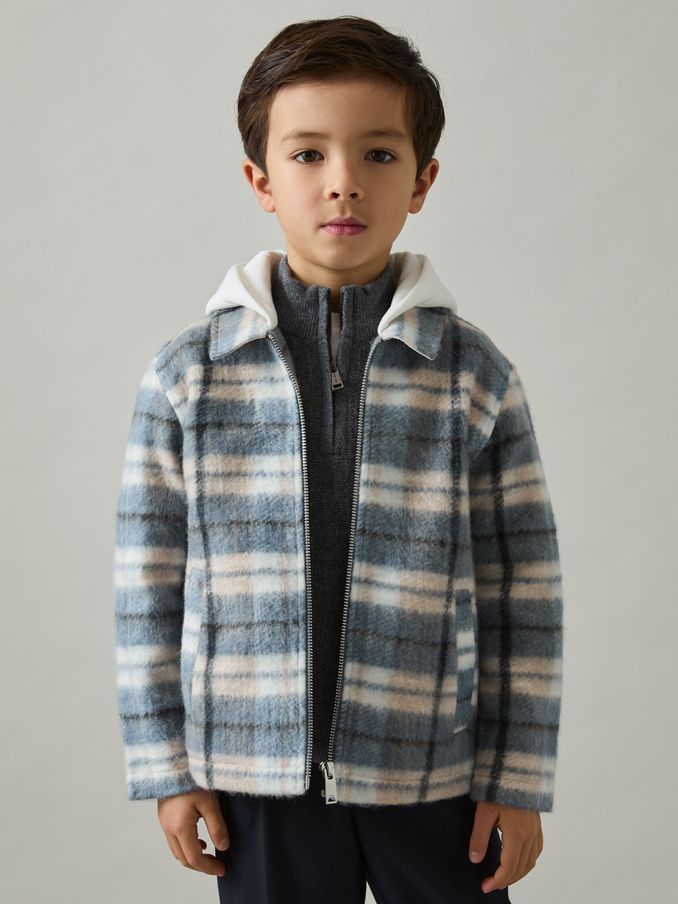 3-9 yrs Long Sleeved Hooded Check Overshirt in Blue (AG1900) | £35