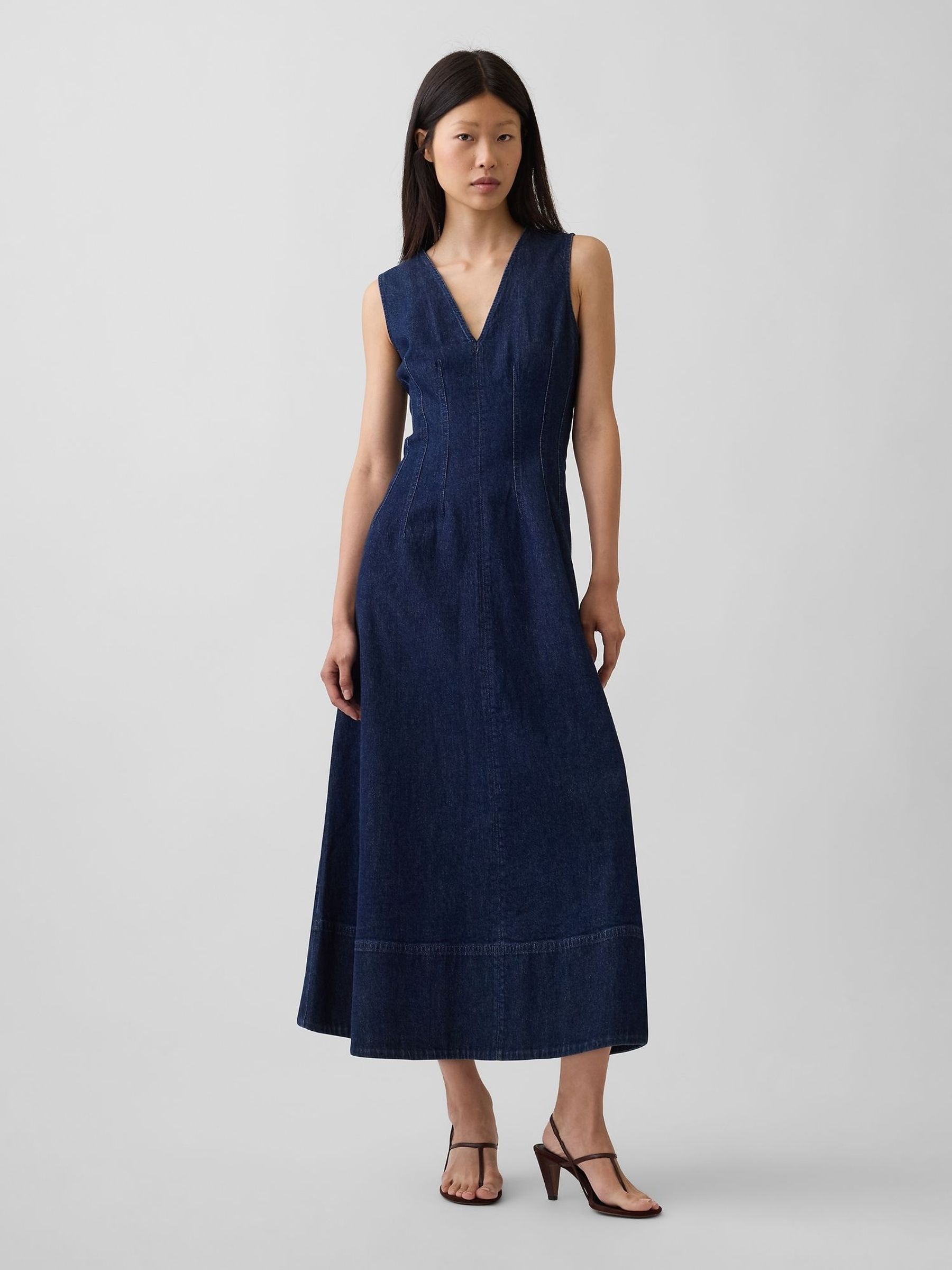 Dark Wash - Denim V-neck Maxi Dress