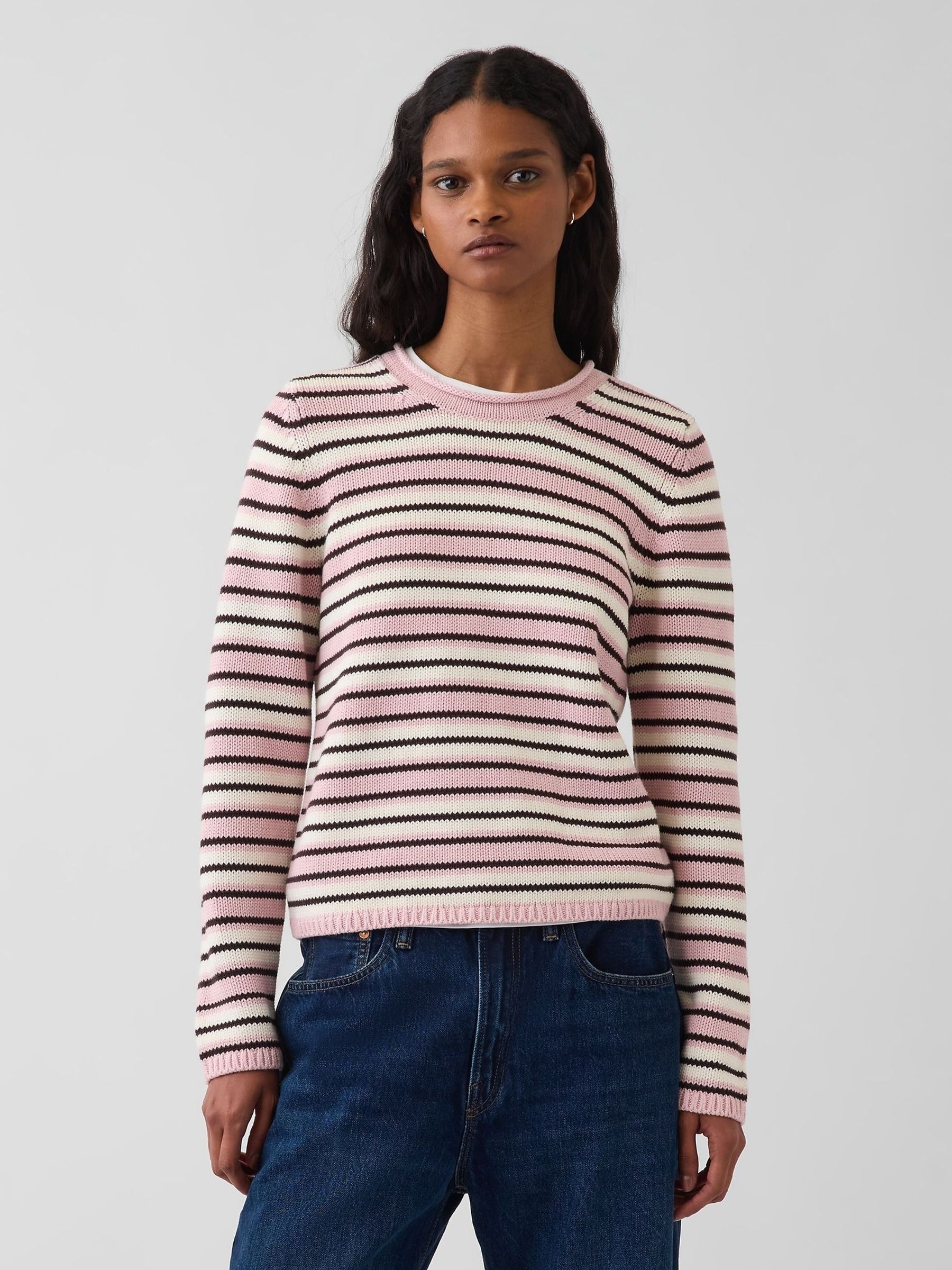 Pink Stripe - Rolled Neck Jumper
