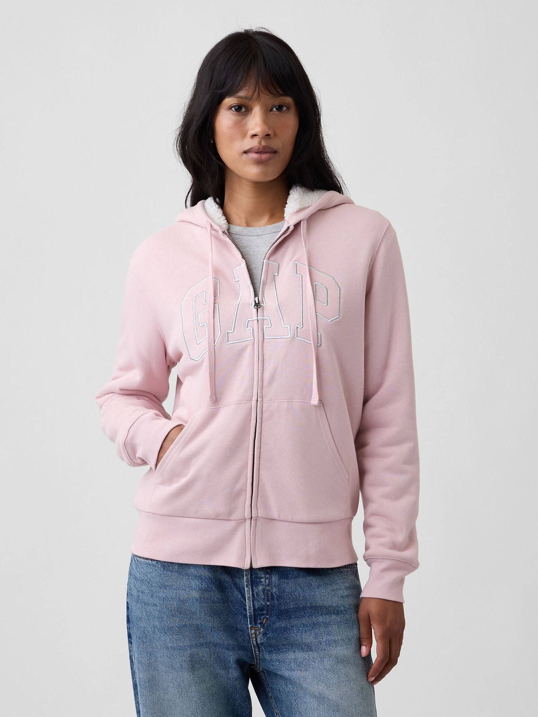 Light Pink - Relaxed Logo Sherpa-lined Zip-up Hoodie