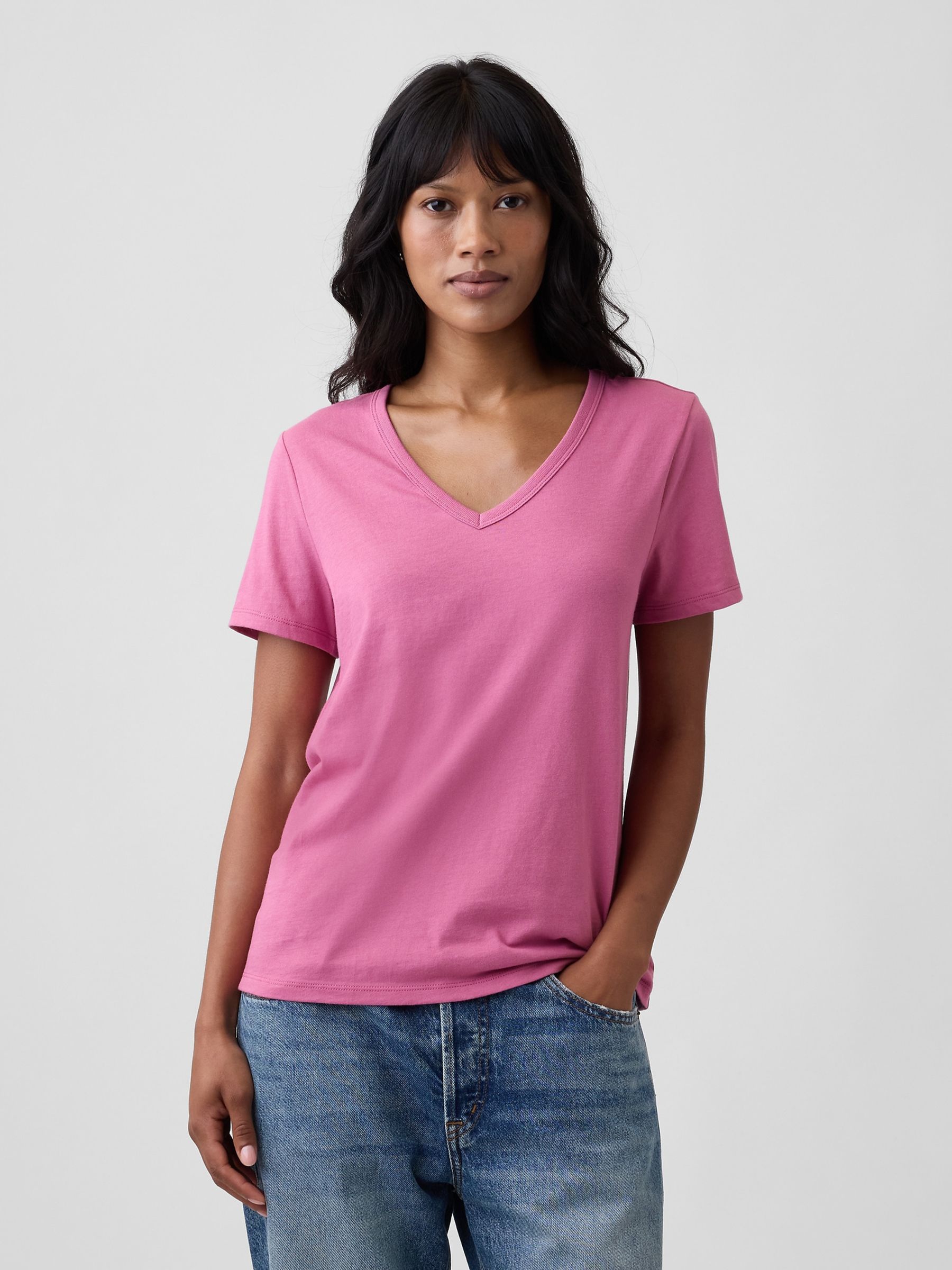 Bright Pink - Favourite V-neck Short Sleeve T-shirt