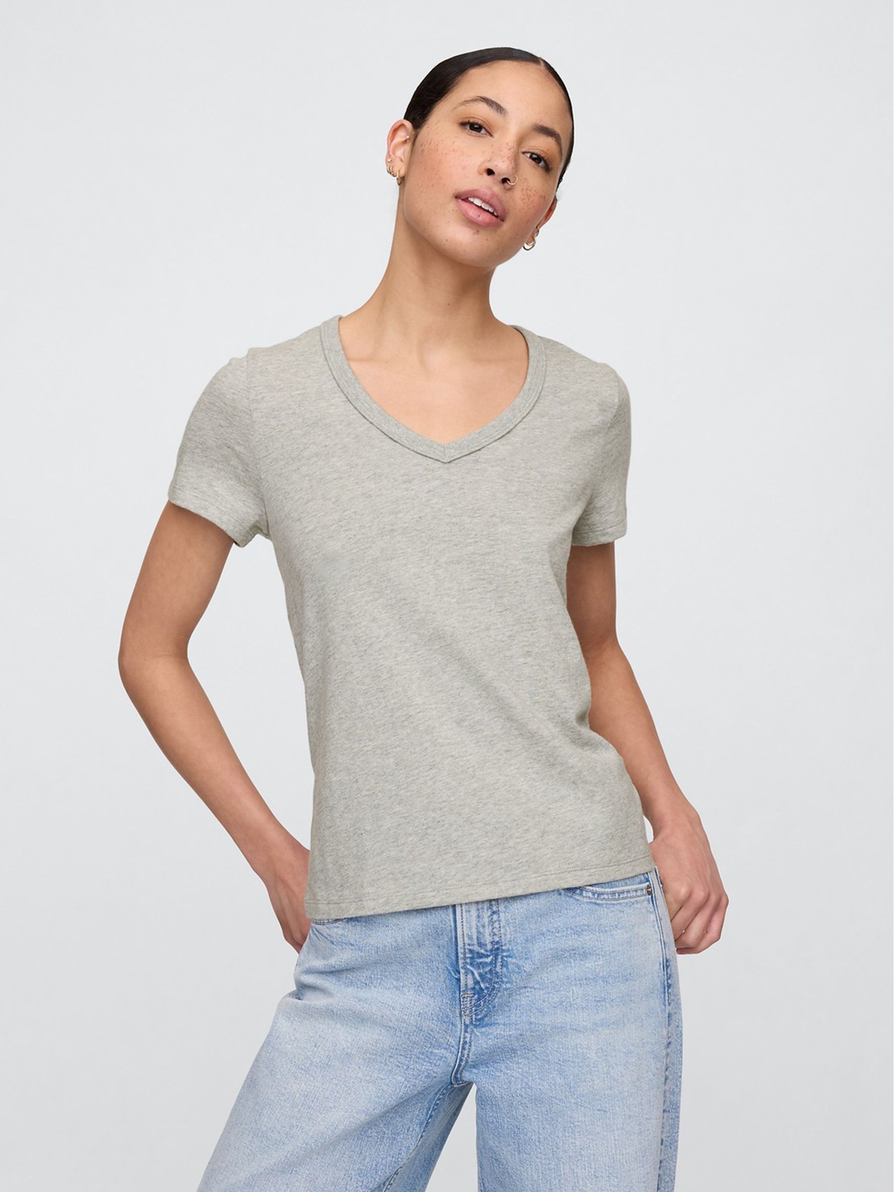 Grey - Favourite V-neck Short Sleeve T-shirt