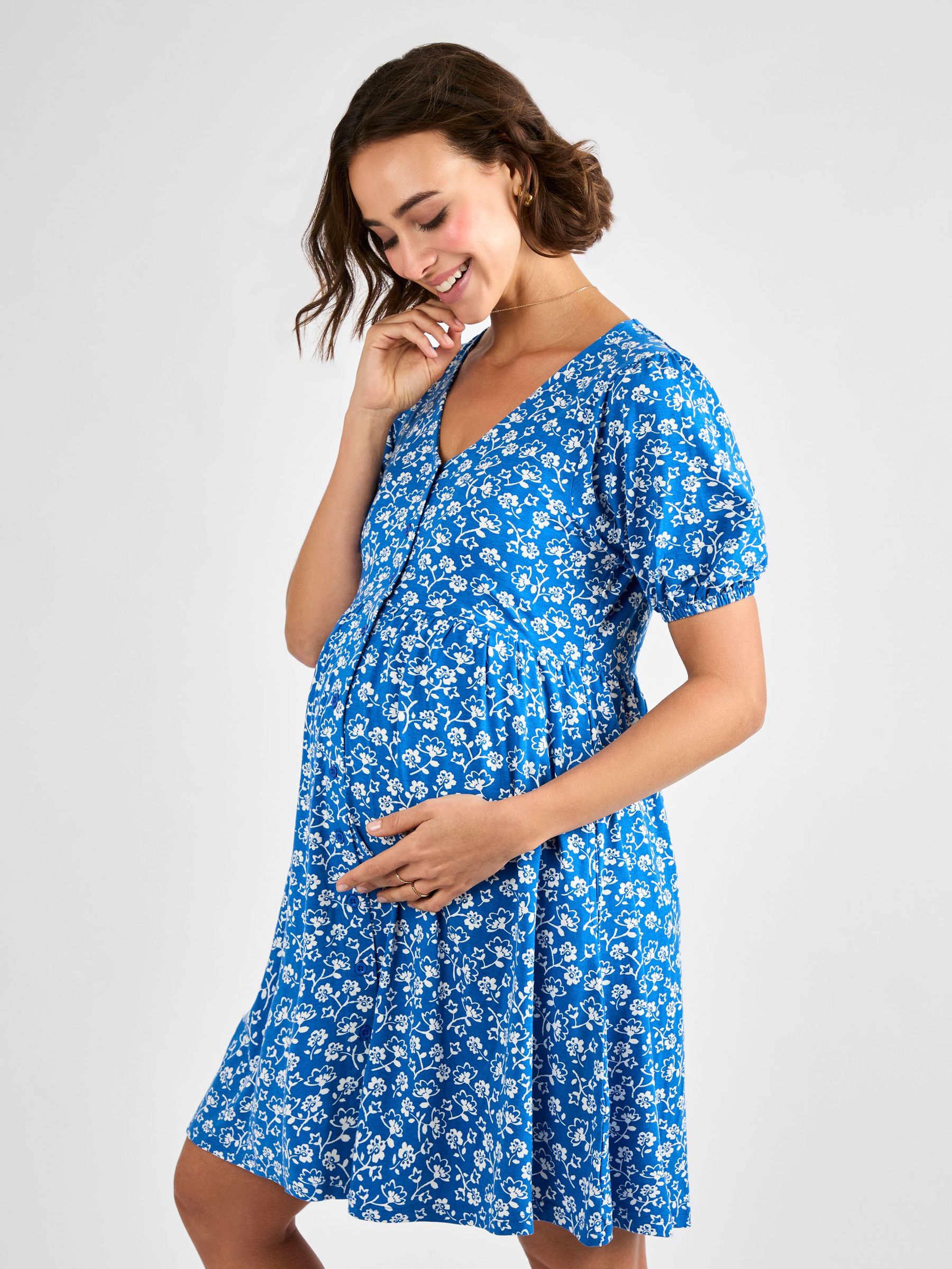 Blue Floral Button Through Maternity Jersey Dress (AG8178) | £42.50