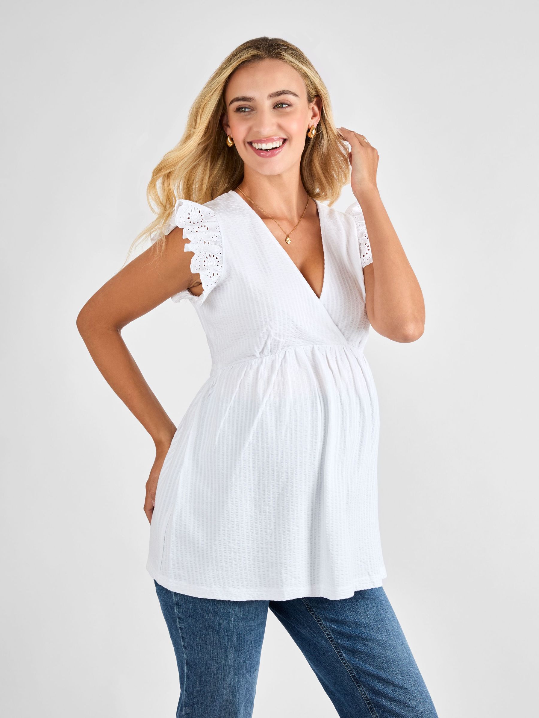 White Broderie Flutter Sleeve Maternity Top (AG8196) | £29.50
