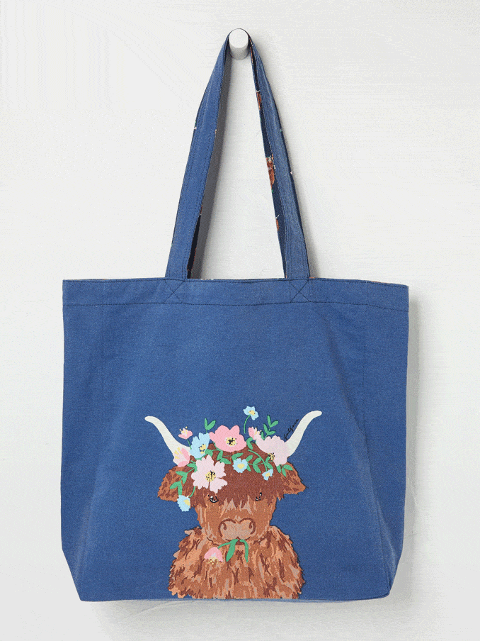 Blue Hettie Highland Cow Reversible 100% Cotton Tote Bag (AG8754) | £15