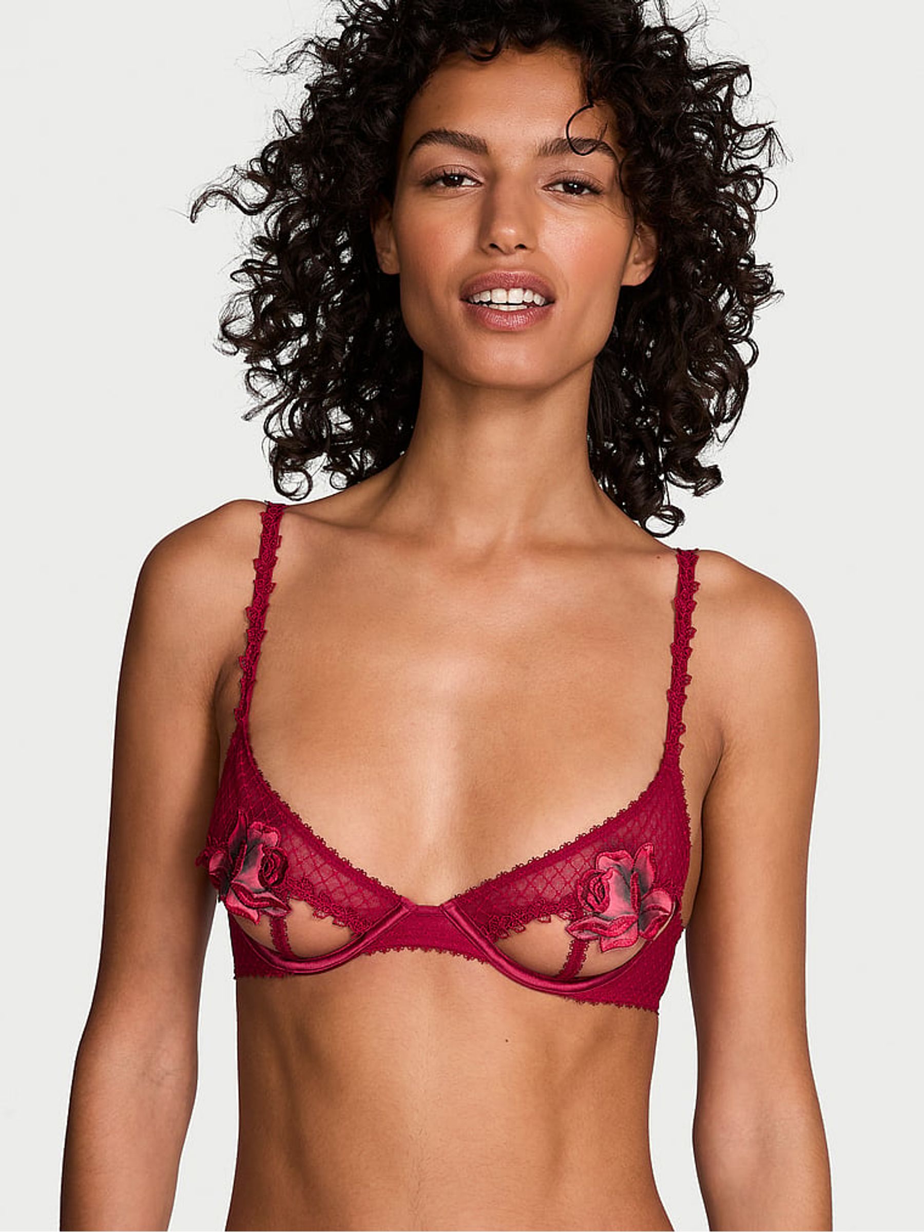 Red Lacquer Rose Embroidered Open Cup Bra (AG8901) | £49