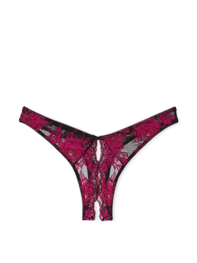 Black  Pink Thong Rose Lace Crotchless Knickers (AG8907) | £9