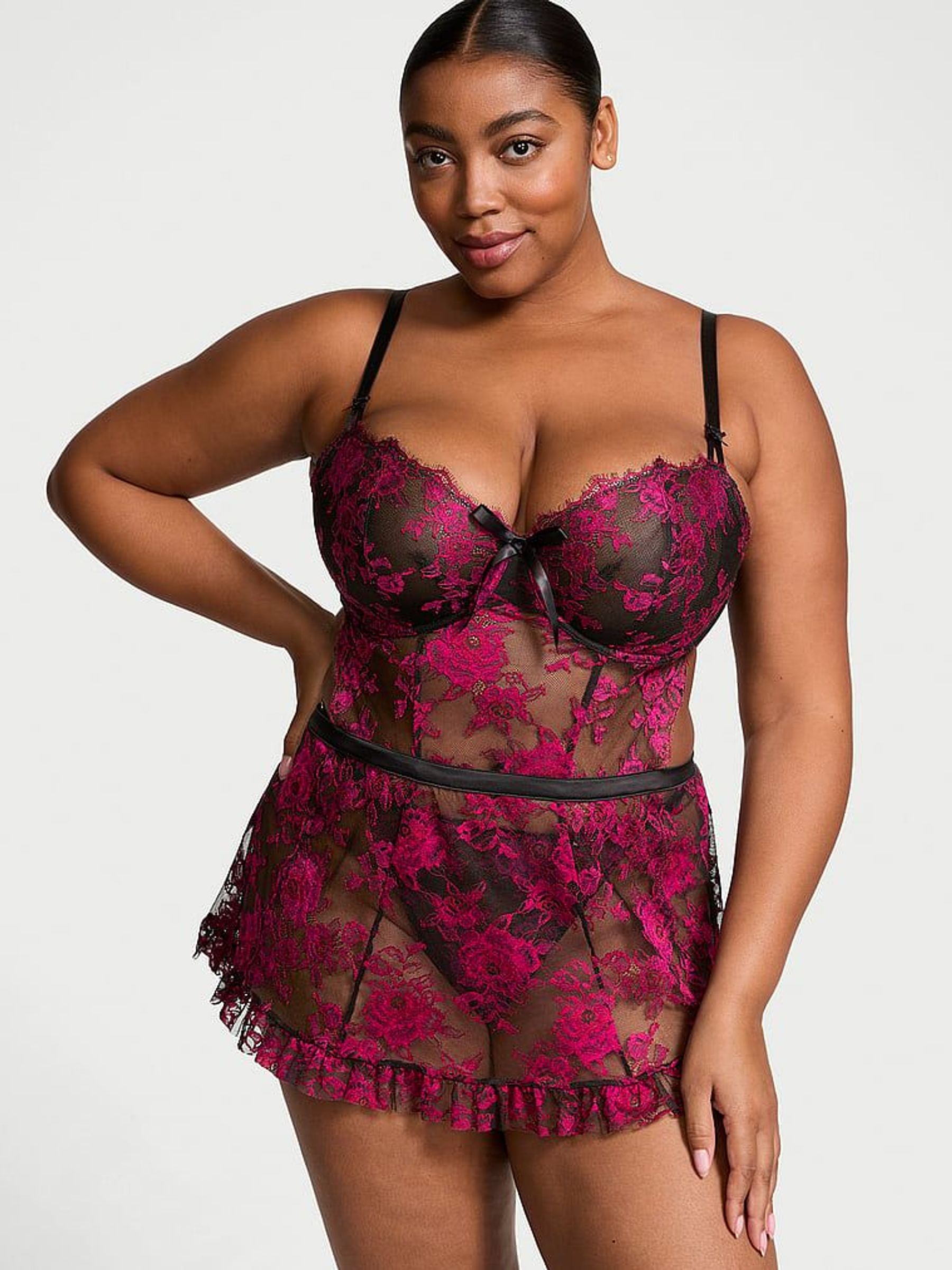 Black & Pink Rose Lace Unlined Balcony Apron Bodysuit (AH3431) | £75