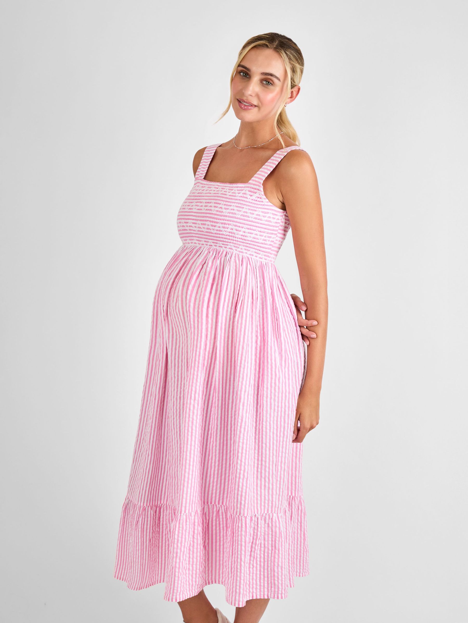 Pink Stripe Shirred Maternity Midi Dress (AH3995) | £49.50