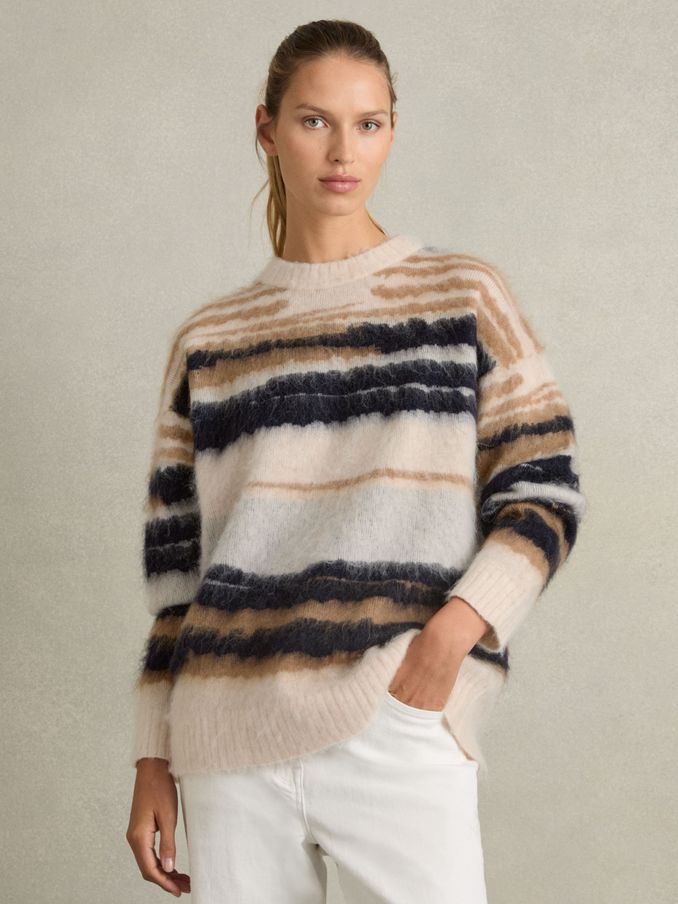 Striped Crew-Neck Jumper With Mohair in Cream/Camel (AH6342) | £58