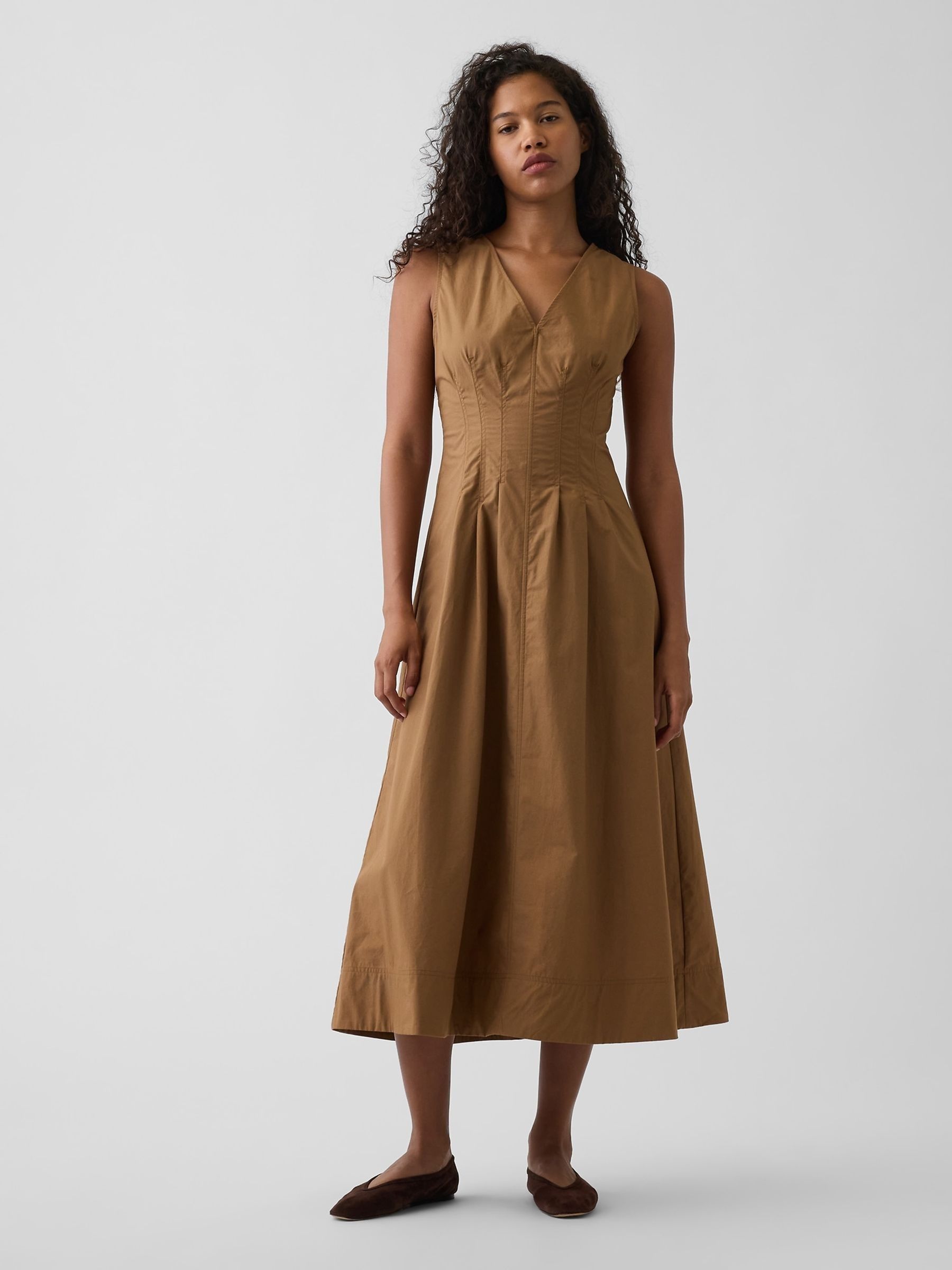 Brown - Poplin V-neck Cinched Maxi Dress