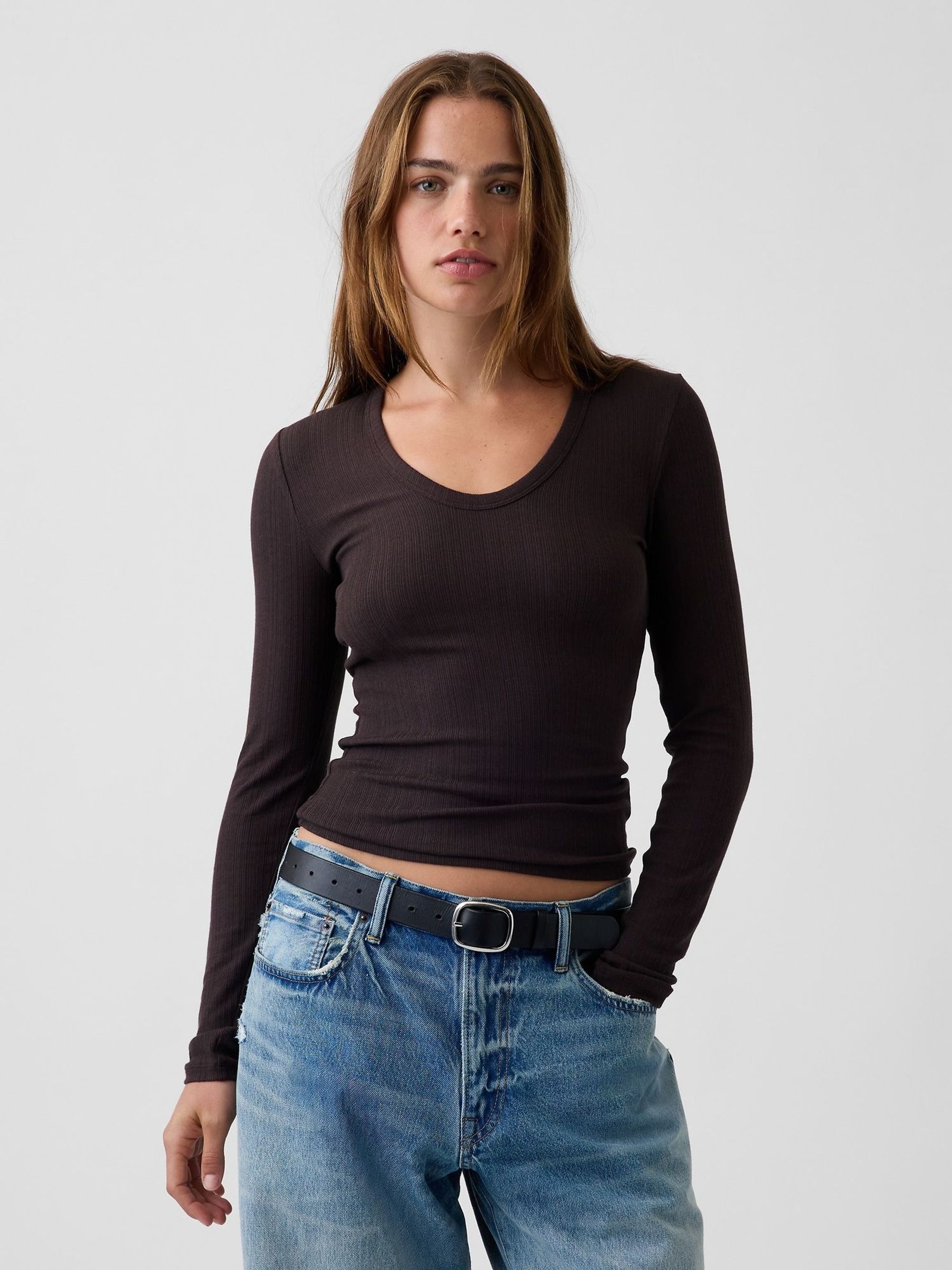 Brown - Sheer Modern Rib Long Sleeve T-shirt