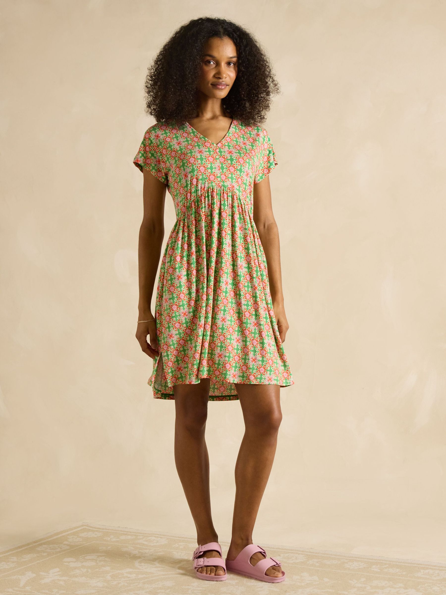 Nia Pink/Green Jersey V-Neck Dress (AJ0447) | £42