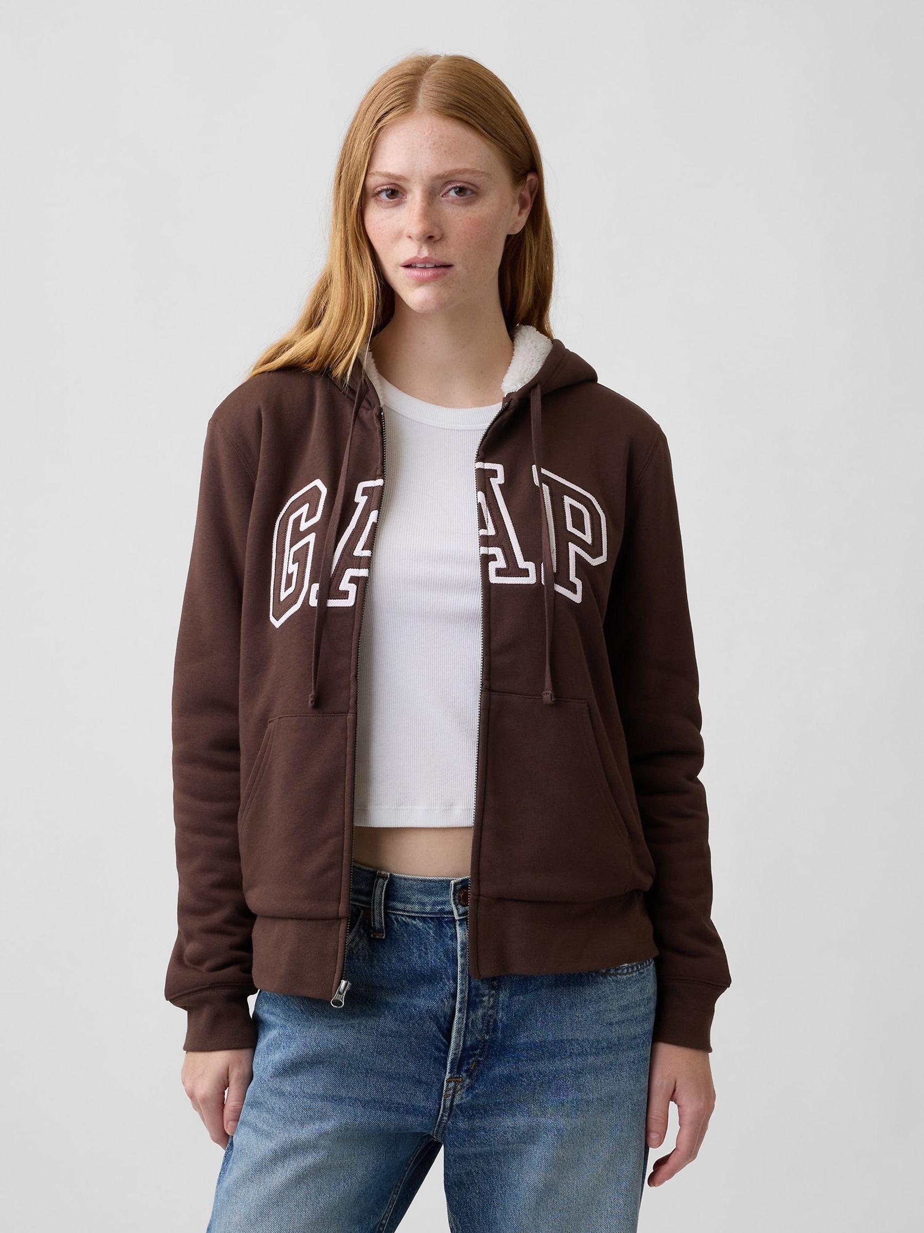 Brown - Relaxed Logo Sherpa-lined Zip-up Hoodie