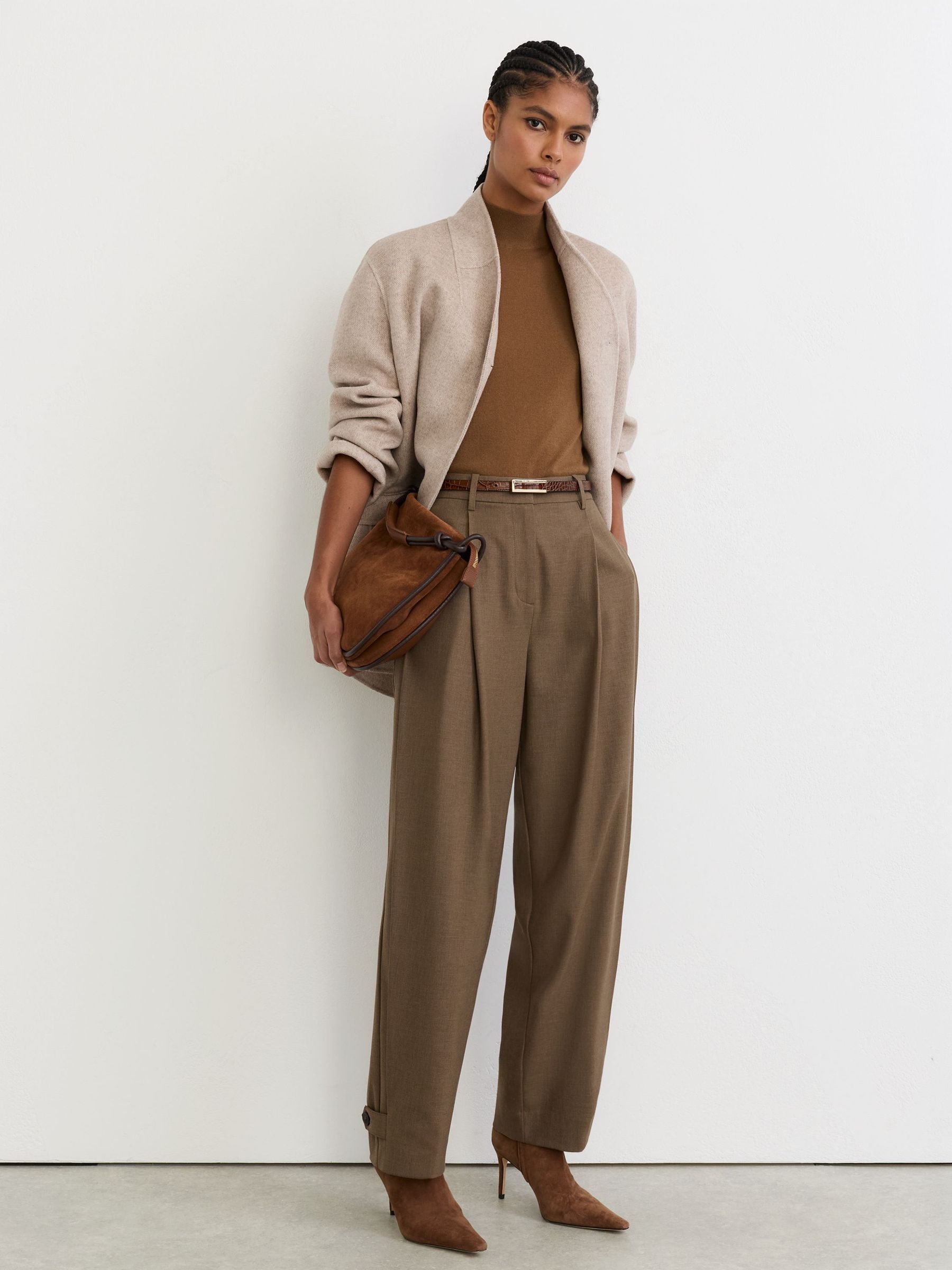 Khaki Green - Regular Barrel-leg Button-tab Pleated Trousers