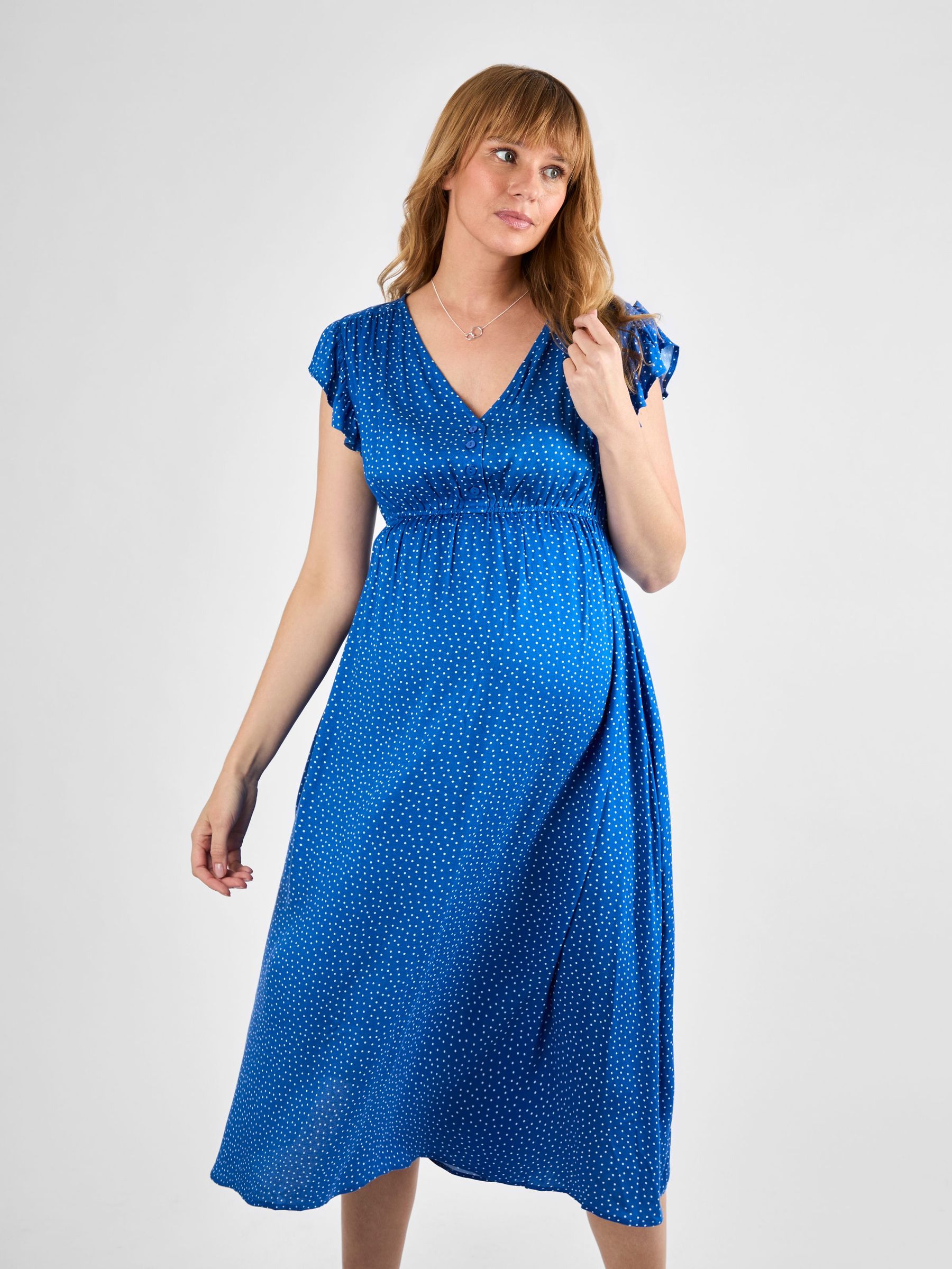 Blue Spot Frill Sleeve Maternity Midi Dress (AJ4452) | £49.50