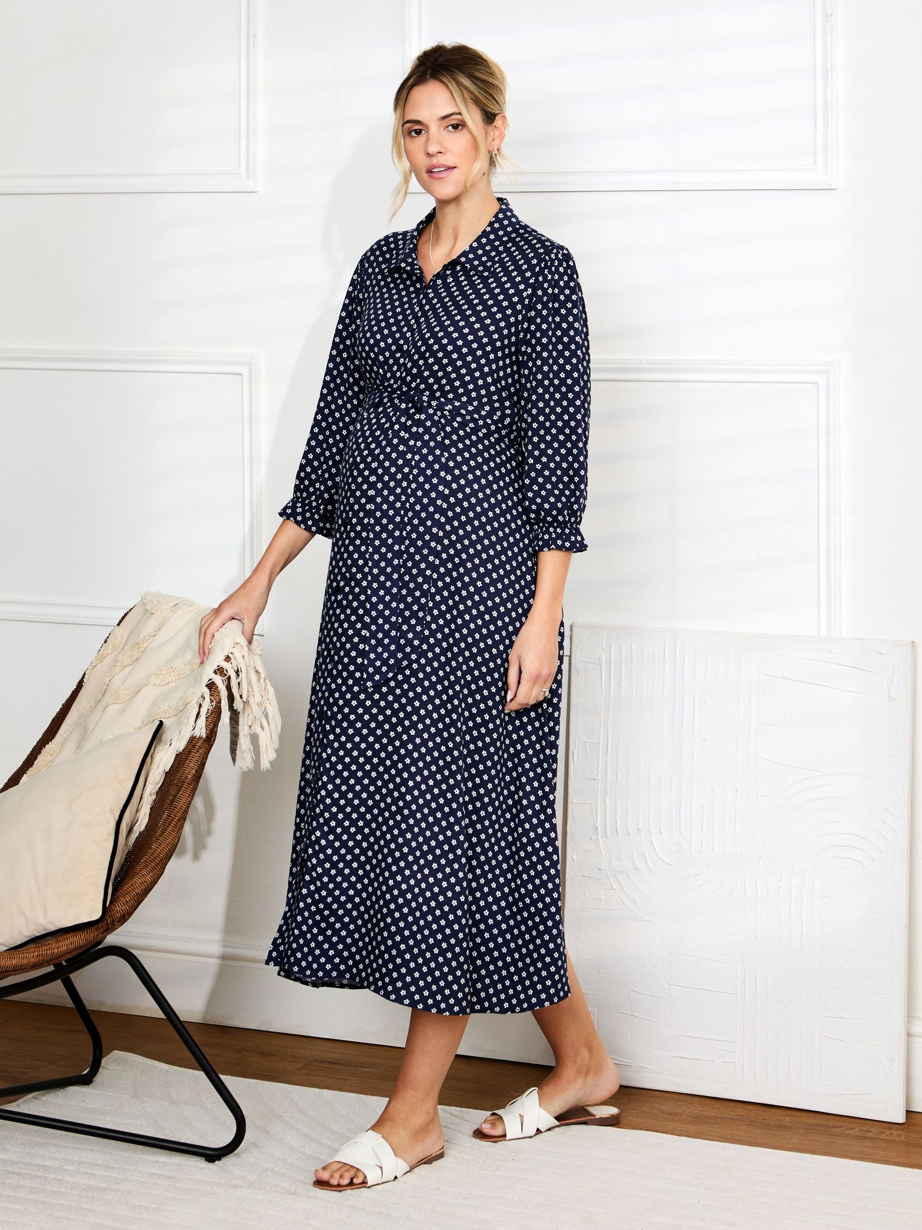 Navy Floral Button Through Maternity Midi Shirt Dress (AJ4454) | £49.50