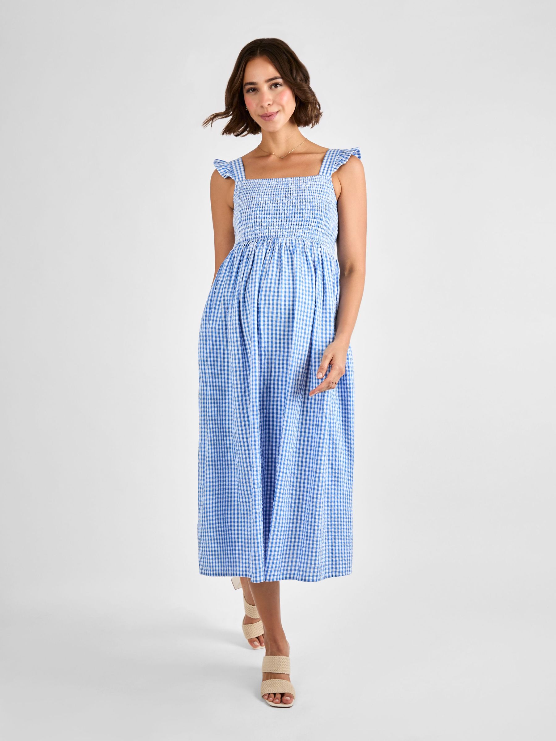 Blue Gingham Shirred Maternity Midi Dress (AJ4463) | £49.50