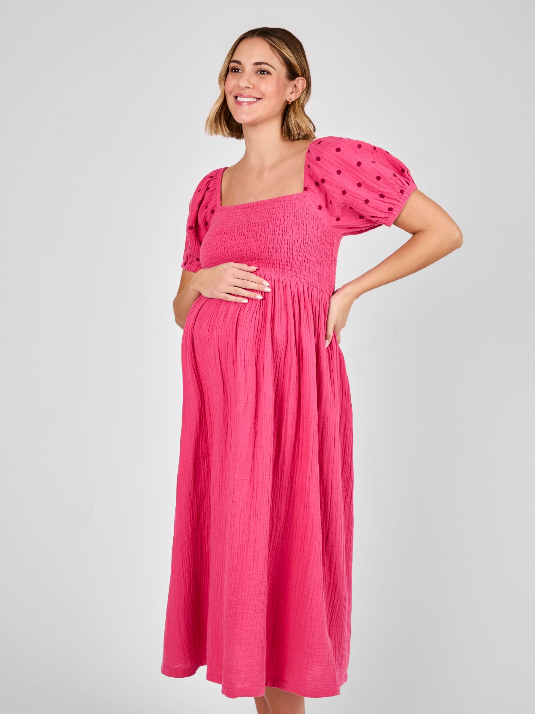 Pink Shirred Embroidered Maternity Midi Dress (AJ4469) | £49.50