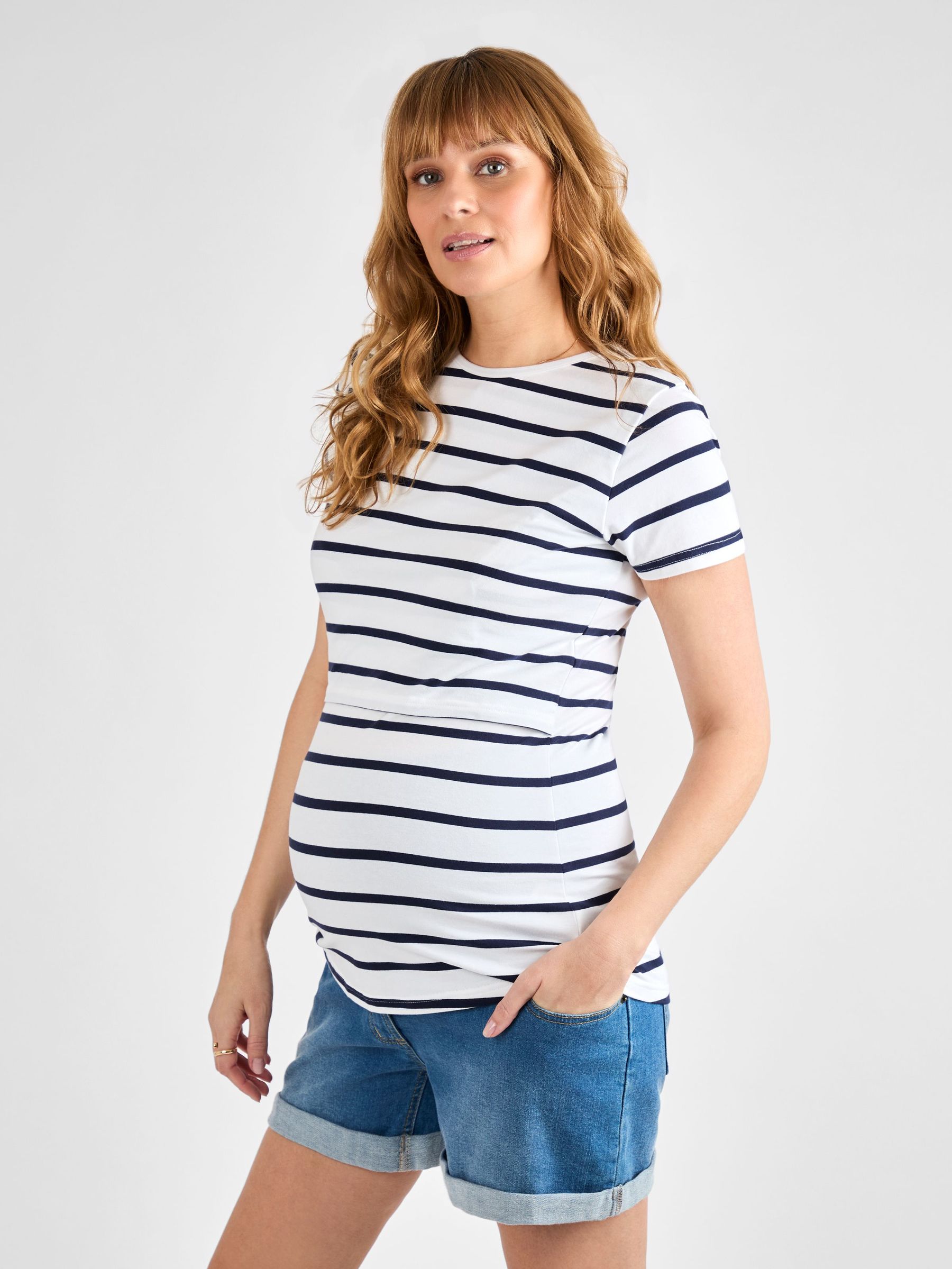 White Navy Stripe Maternity & Nursing T-Shirt (AJ4478) | £26