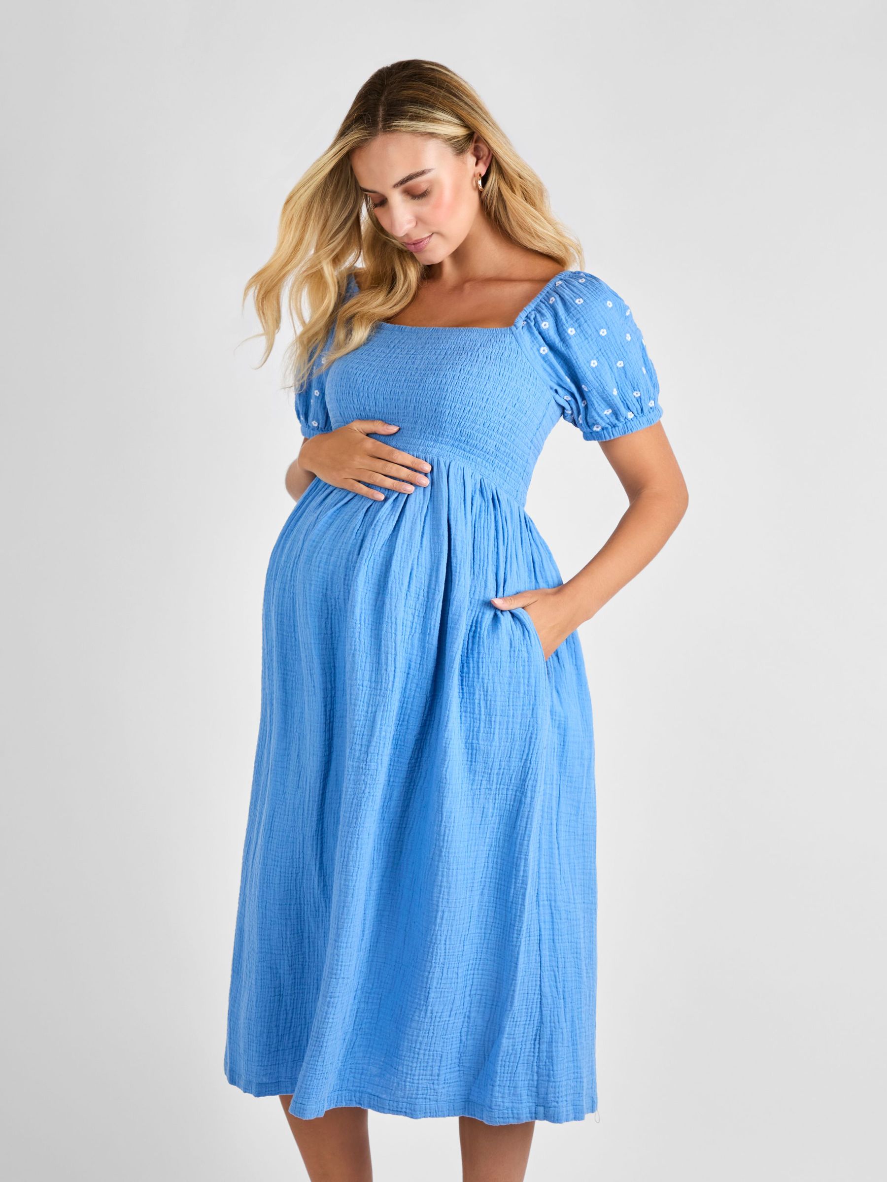 Blue Shirred Embroidered Maternity Midi Dress (AJ4479) | £49.50