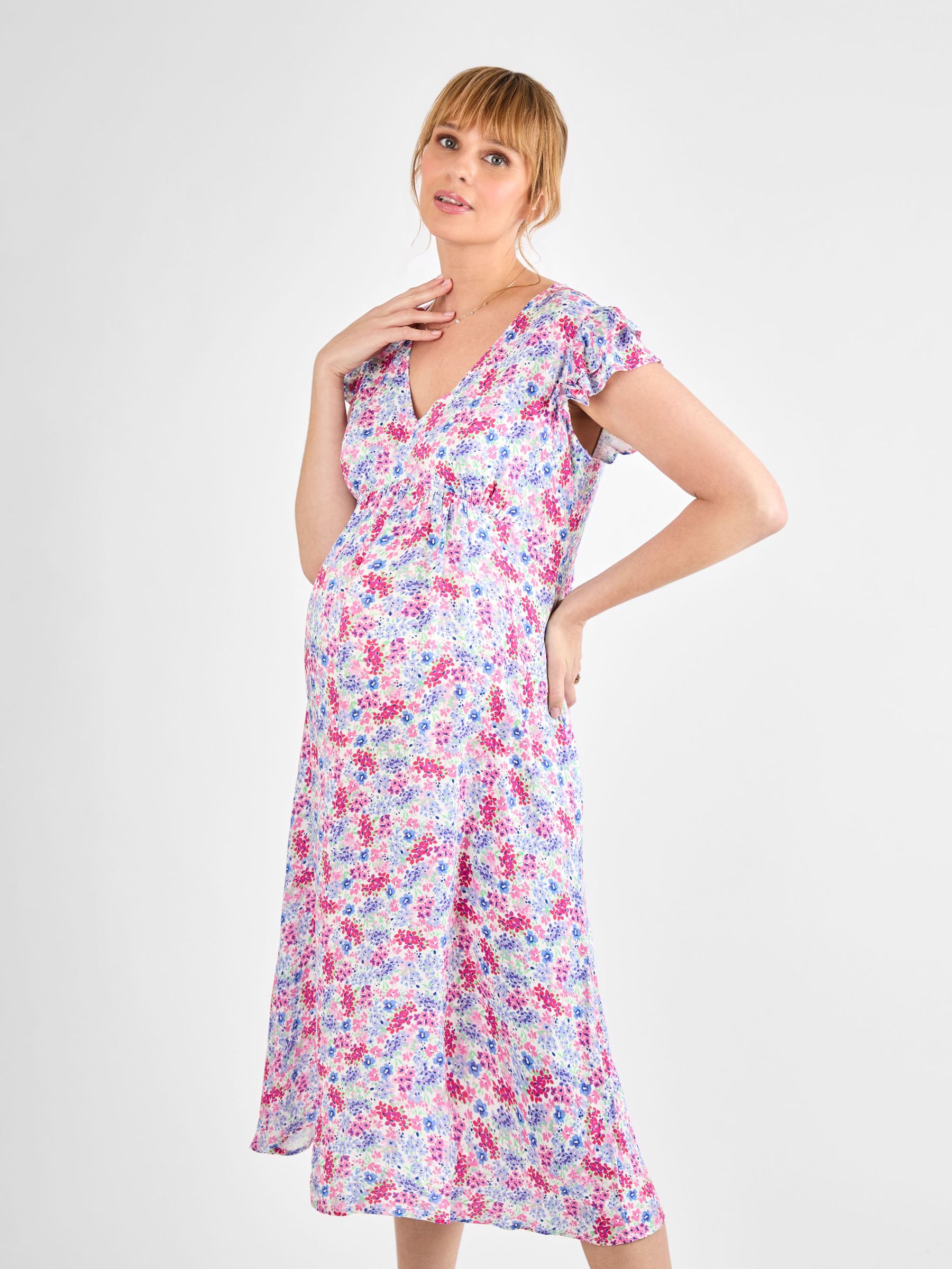 Cream Floral Frill Sleeve Maternity Midi Dress (AJ4490) | £49.50